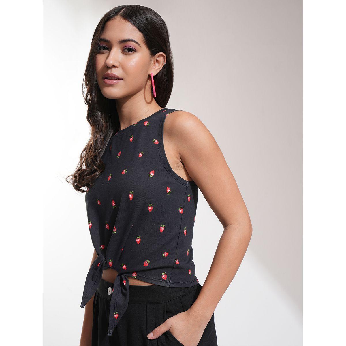 بلوزة بطبعة جرافيك وياقة دائرية مع تفاصيل أربطة-women-clothing-shirtsandblouses-blouses-image-4
