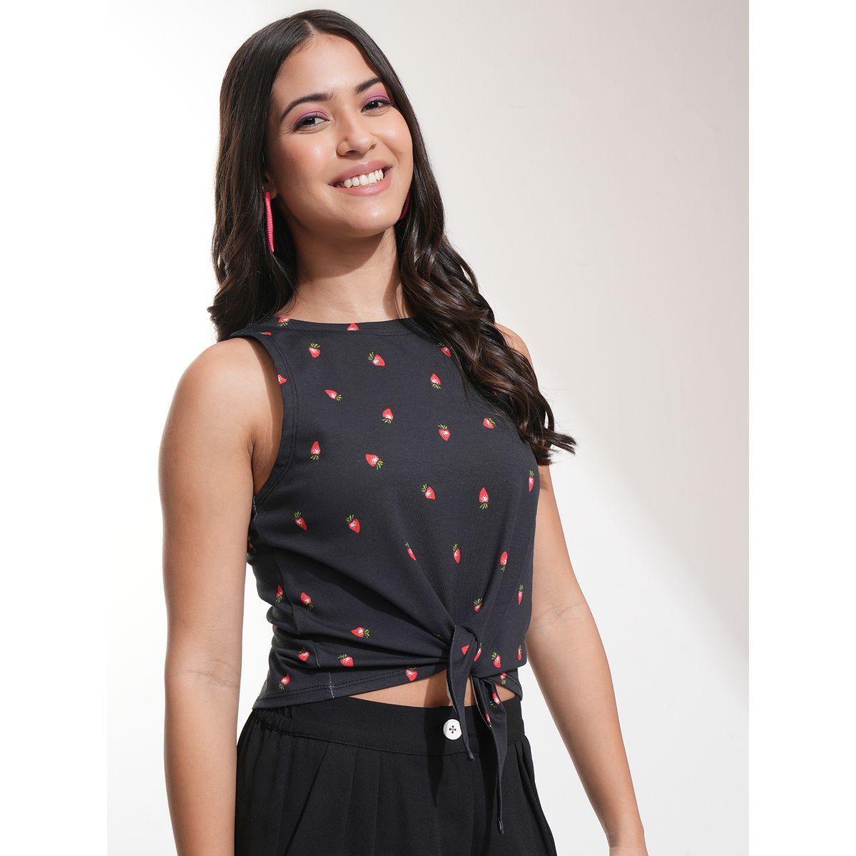 بلوزة بطبعة جرافيك وياقة دائرية مع تفاصيل أربطة-women-clothing-shirtsandblouses-blouses-image-6