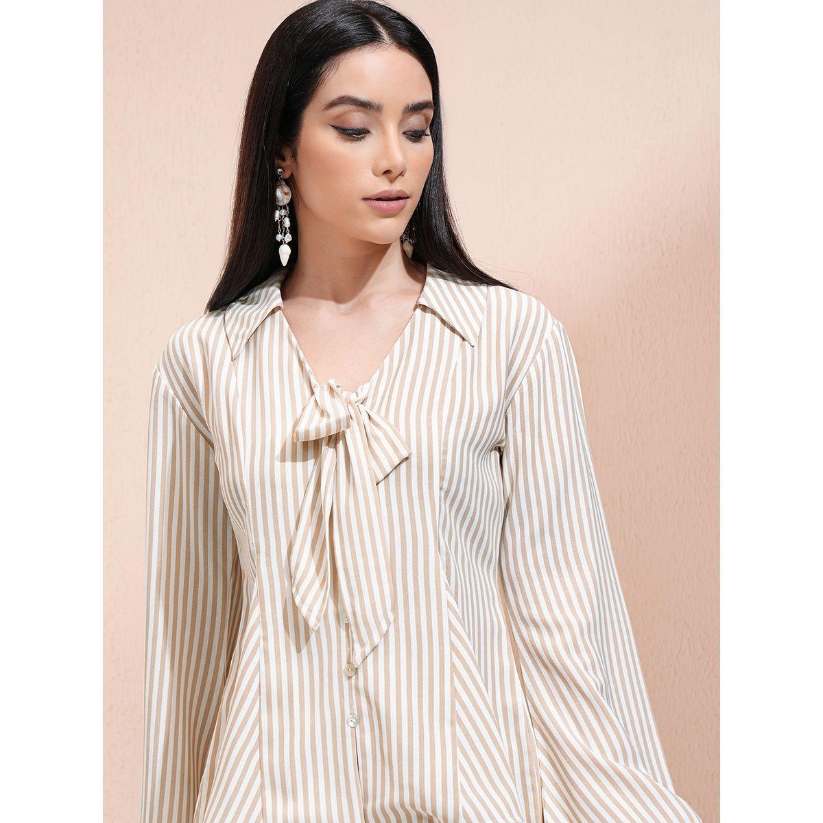 Striped Bell Sleeve Shirt Top with Tie-Up Detail-women-clothing-shirtsandblouses-shirts-image-1