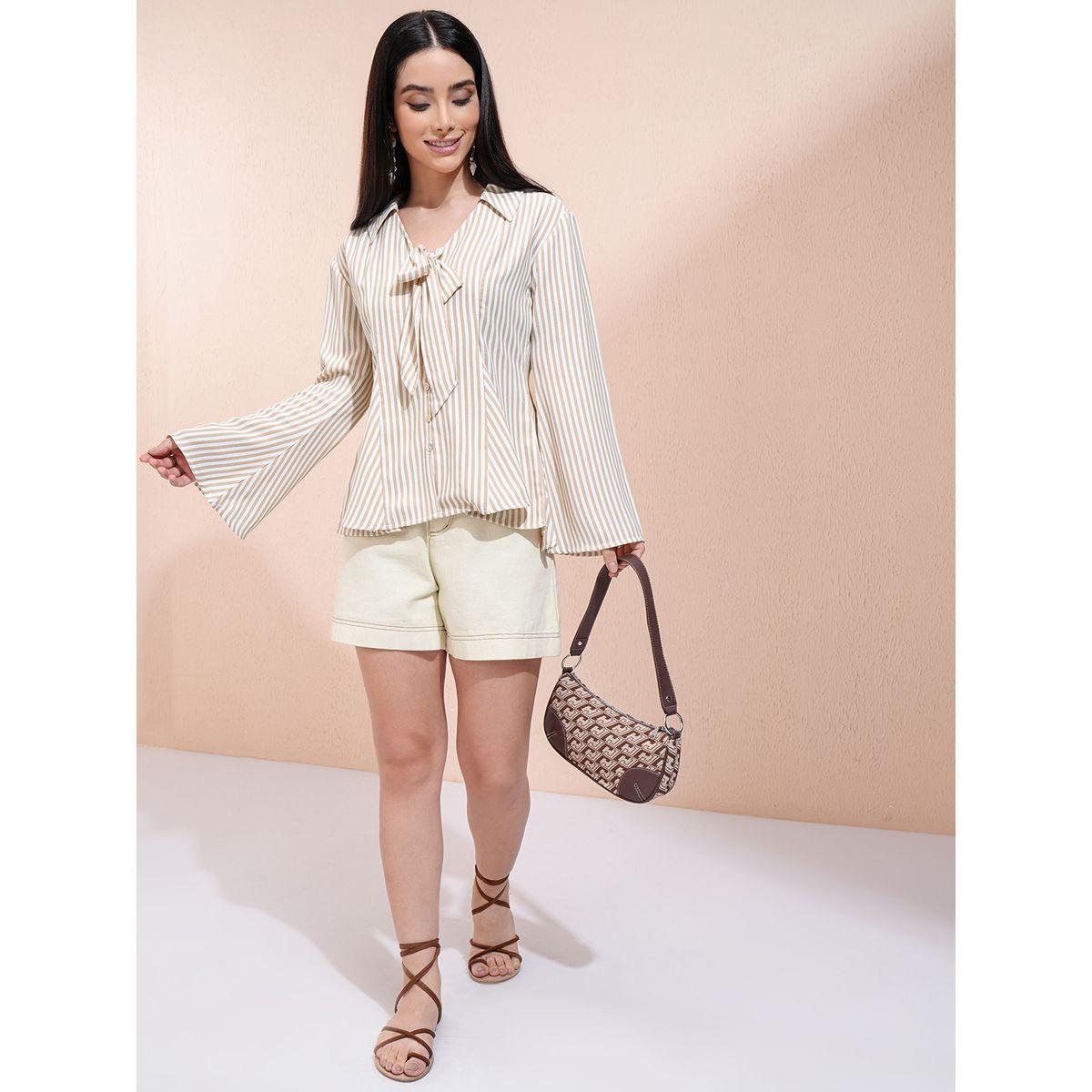 Striped Bell Sleeve Shirt Top with Tie-Up Detail-women-clothing-shirtsandblouses-shirts-image-2