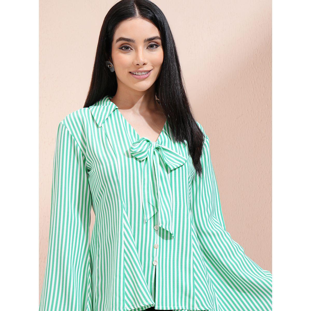 بلوزة مخططة بأكمام بنمط جرس وتفاصيل ربطة-women-clothing-shirtsandblouses-shirts-image-1
