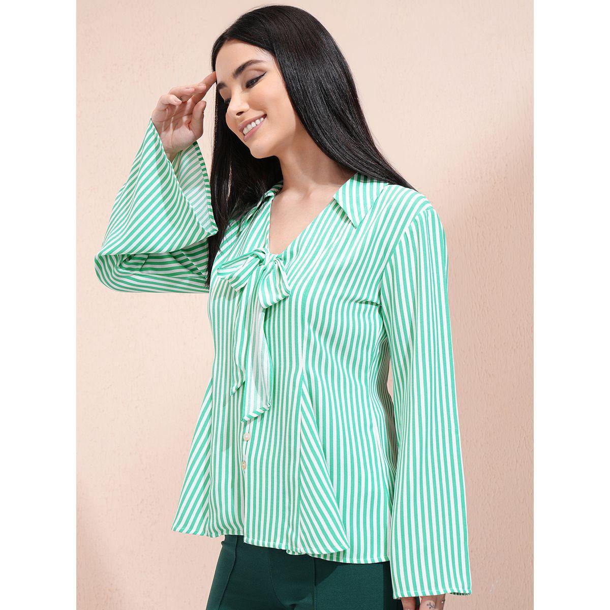 بلوزة مخططة بأكمام بنمط جرس وتفاصيل ربطة-women-clothing-shirtsandblouses-shirts-image-4