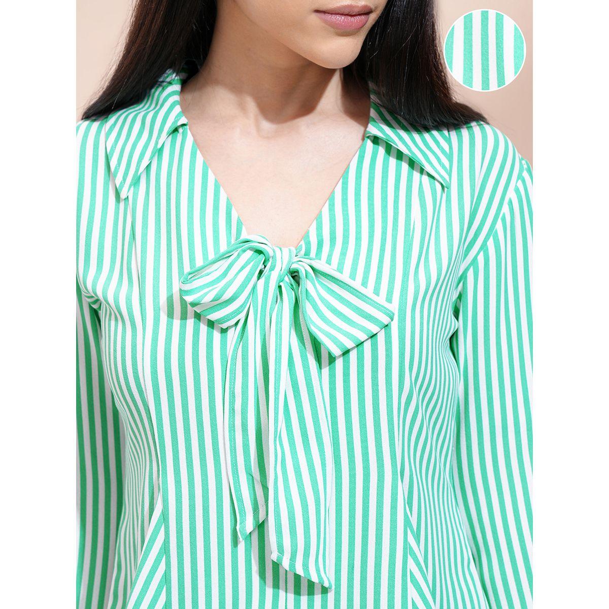 بلوزة مخططة بأكمام بنمط جرس وتفاصيل ربطة-women-clothing-shirtsandblouses-shirts-image-5