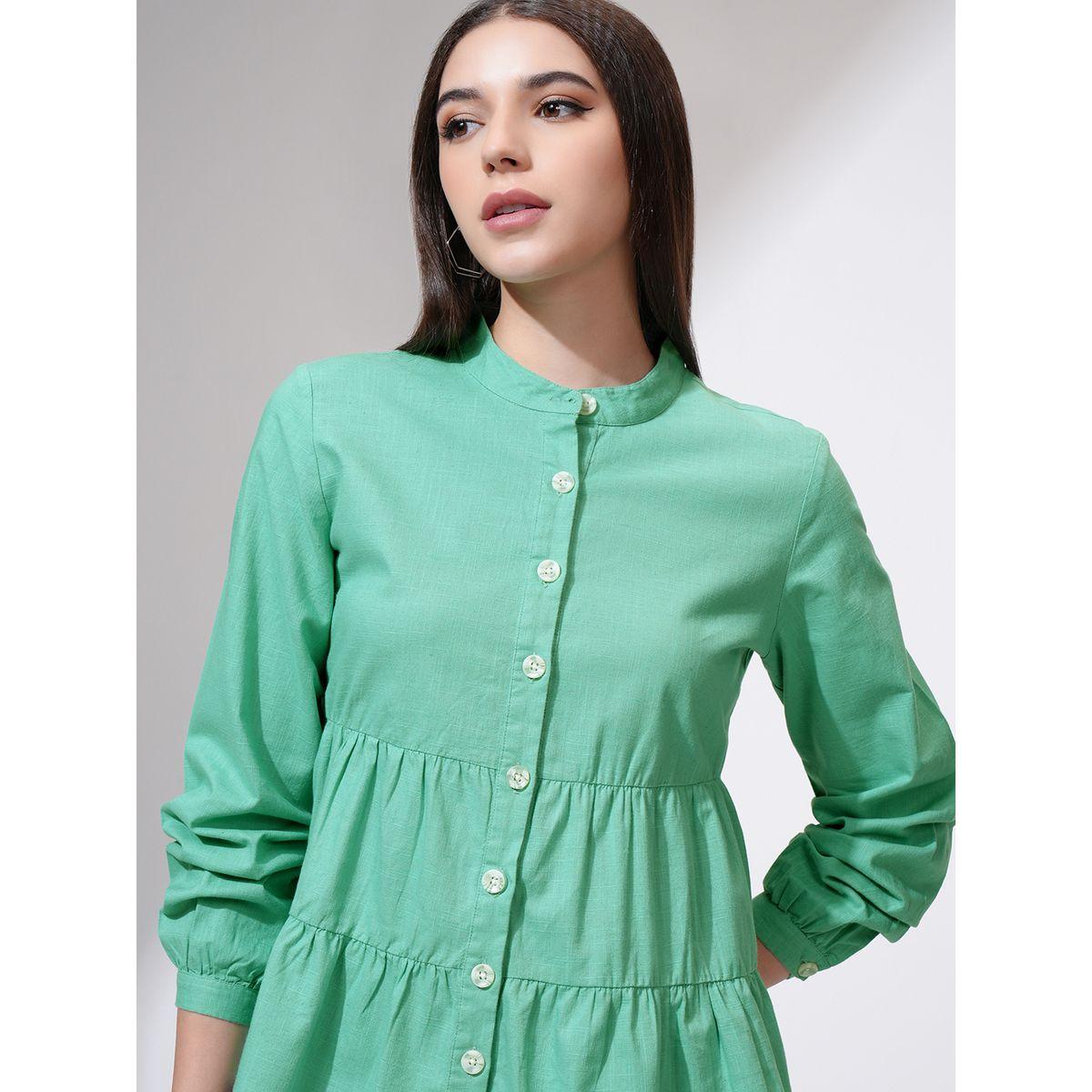 Tokyo Talkies X Styli Mandarin Collar Cotton Tiered Top-women-clothing-shirtsandblouses-blouses-image-1