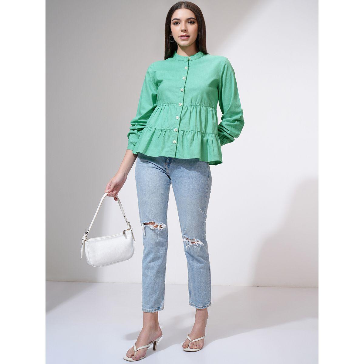 Tokyo Talkies X Styli Mandarin Collar Cotton Tiered Top-women-clothing-shirtsandblouses-blouses-image-2