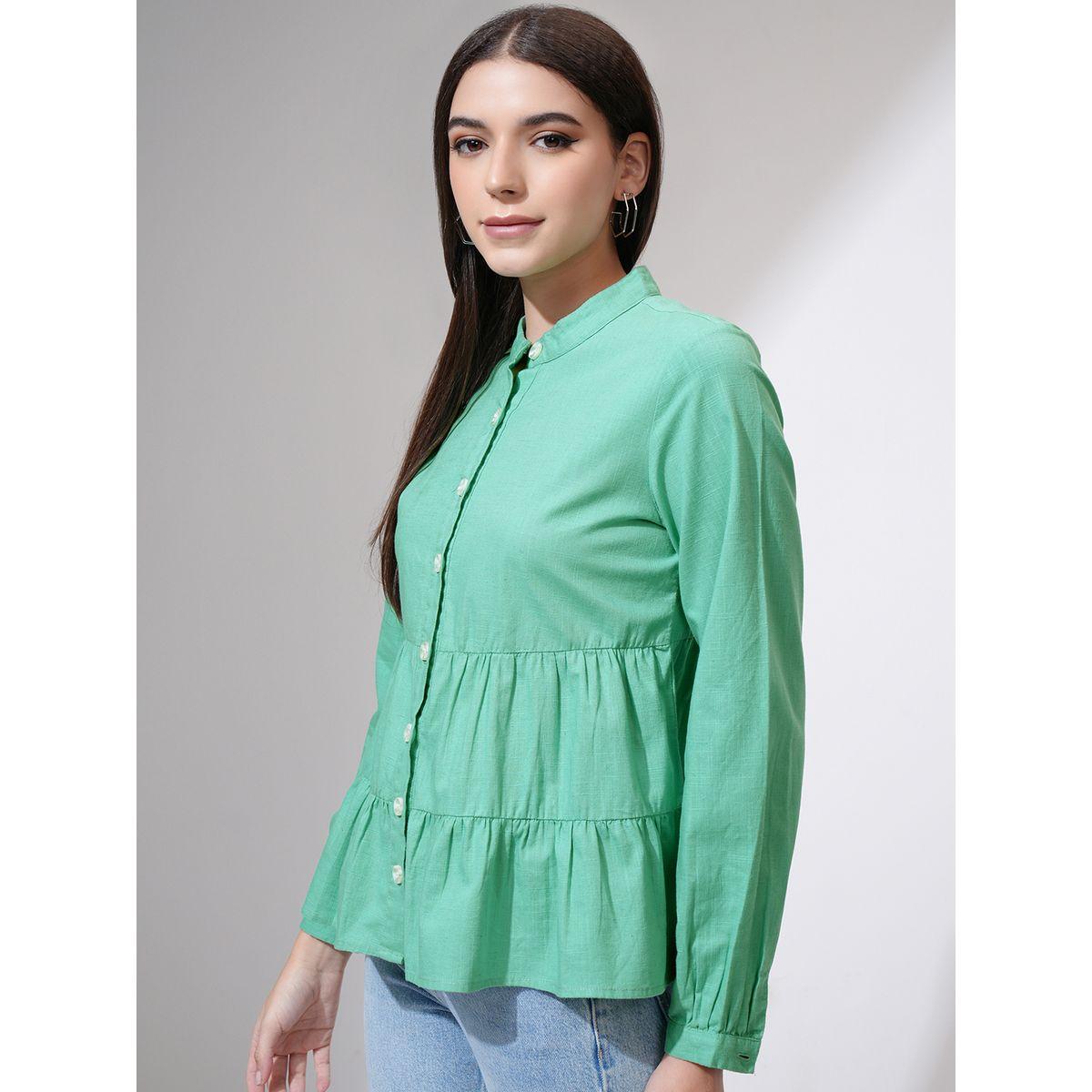 Tokyo Talkies X Styli Mandarin Collar Cotton Tiered Top-women-clothing-shirtsandblouses-blouses-image-4