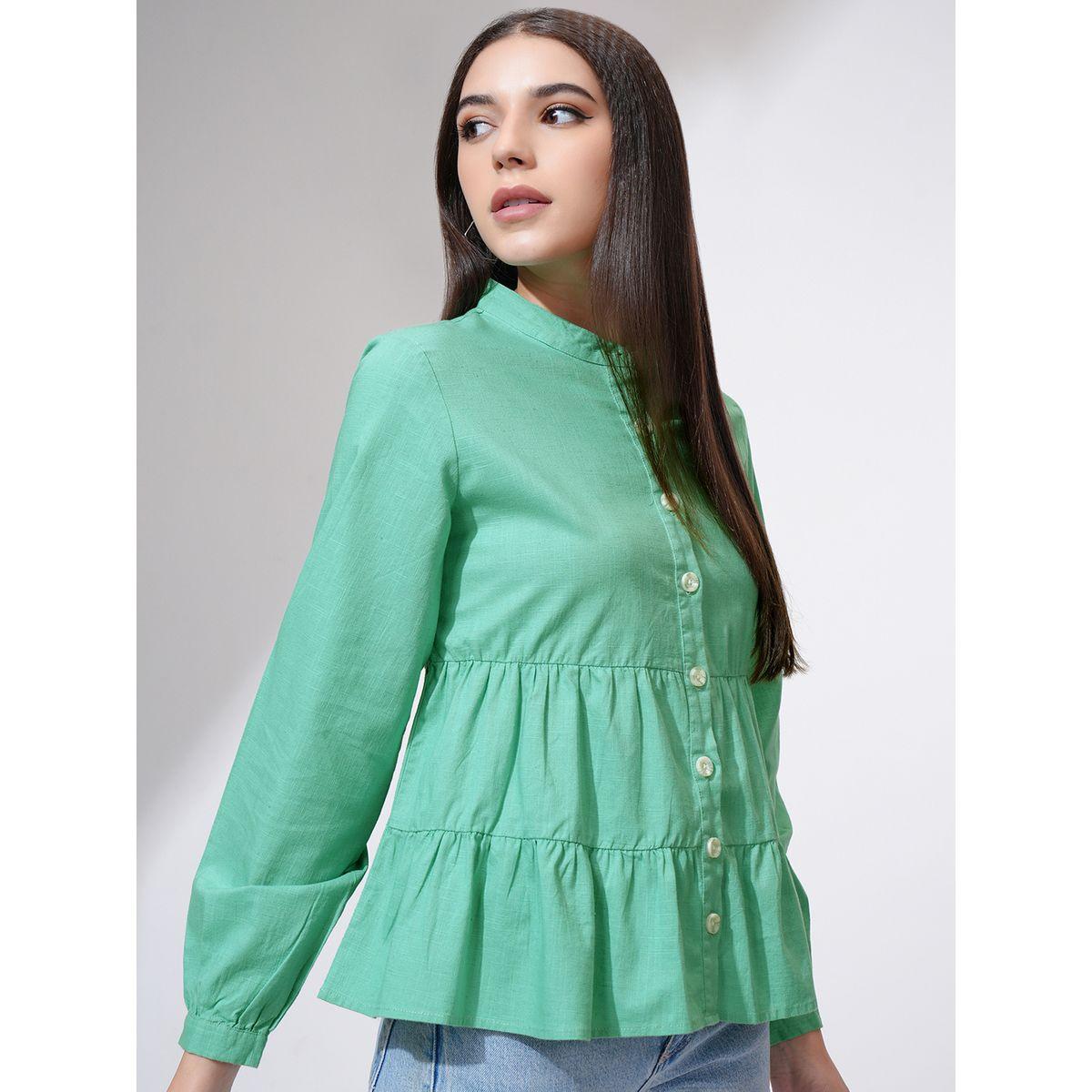 Tokyo Talkies X Styli Mandarin Collar Cotton Tiered Top-women-clothing-shirtsandblouses-blouses-image-6