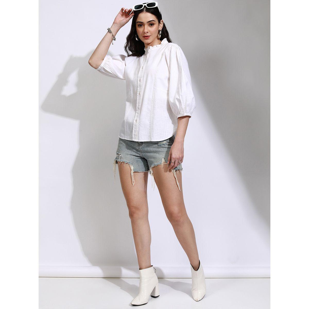 Tokyo Talkies X Styli Solid High Neck Balloon Sleeve Buttoned Top-women-clothing-shirtsandblouses-blouses-image-2