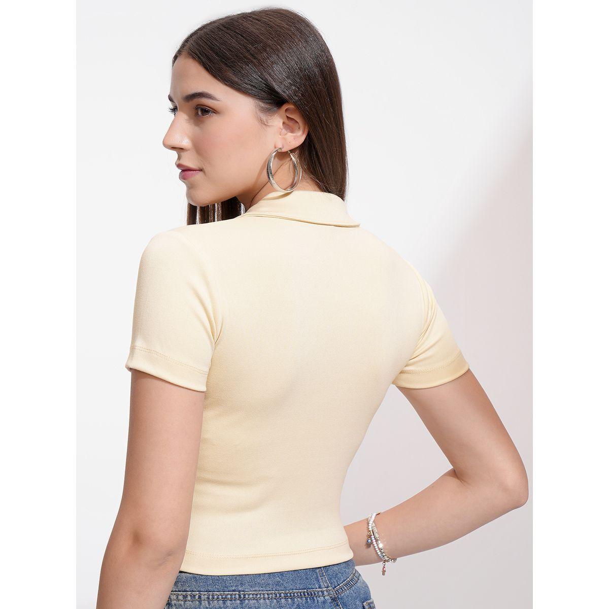 Tokyo Talkies X Styli Solid Cotton Polo Neck Top-women-clothing-tshirts-image-3