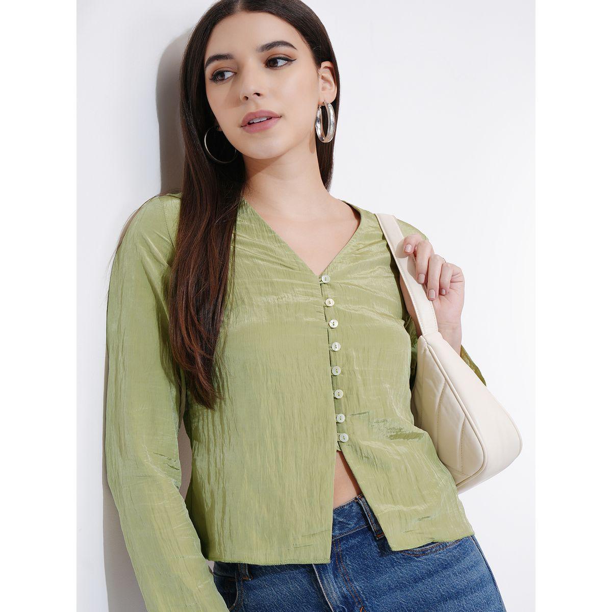 Tokyo Talkies X Styli Textured V-Neck Buttoned Top-women-clothing-shirtsandblouses-blouses-image-1