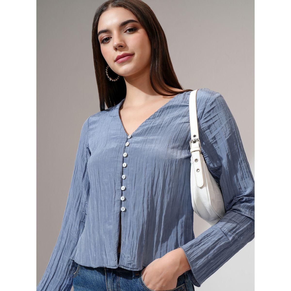 Tokyo Talkies X Styli Textured V-Neck Buttoned Top-women-clothing-shirtsandblouses-blouses-image-1