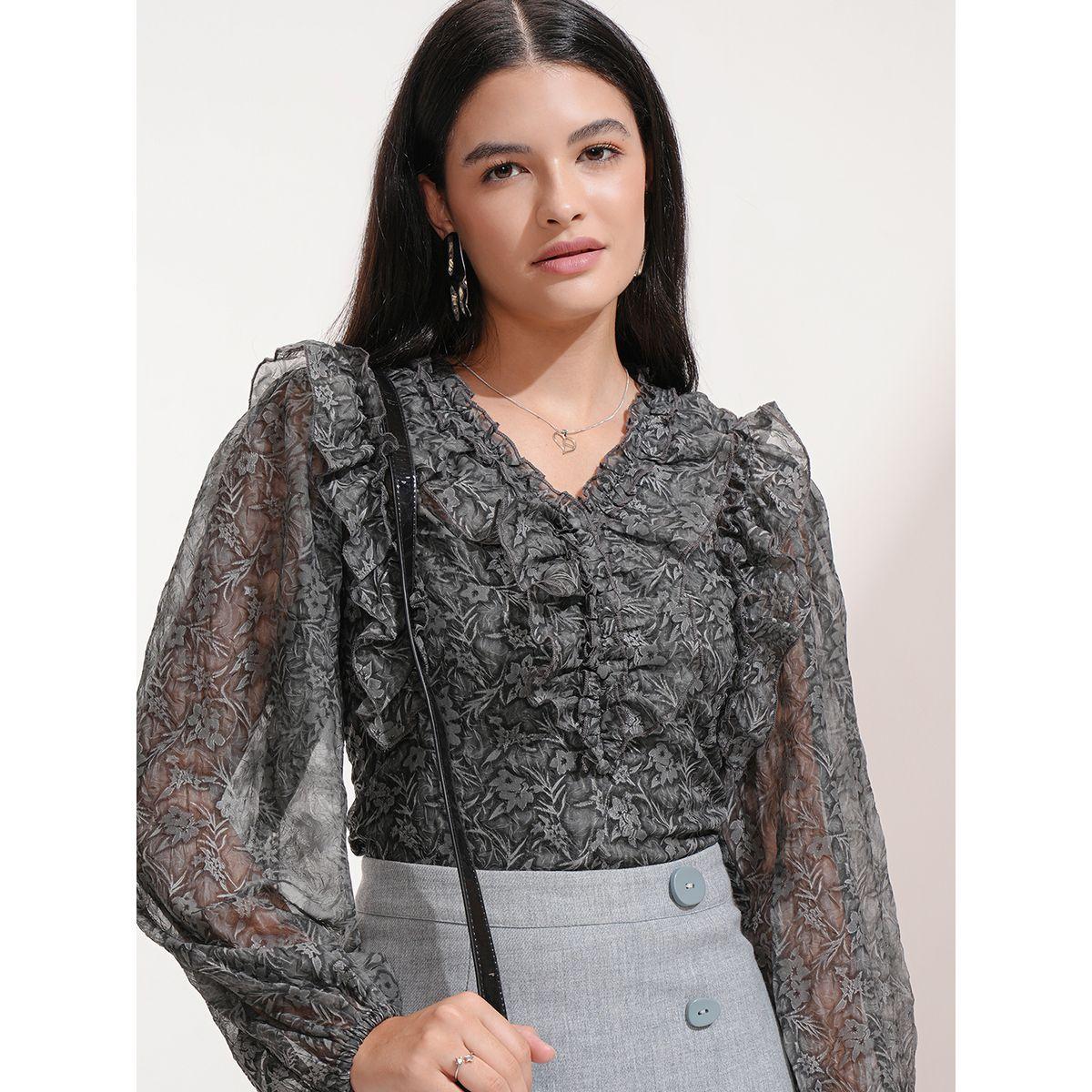 بلوزة بطبعة زهور وأكمام بالون مع تفاصيل كشكش طوكيو توكيز × ستايلي-women-clothing-shirtsandblouses-blouses-image-1