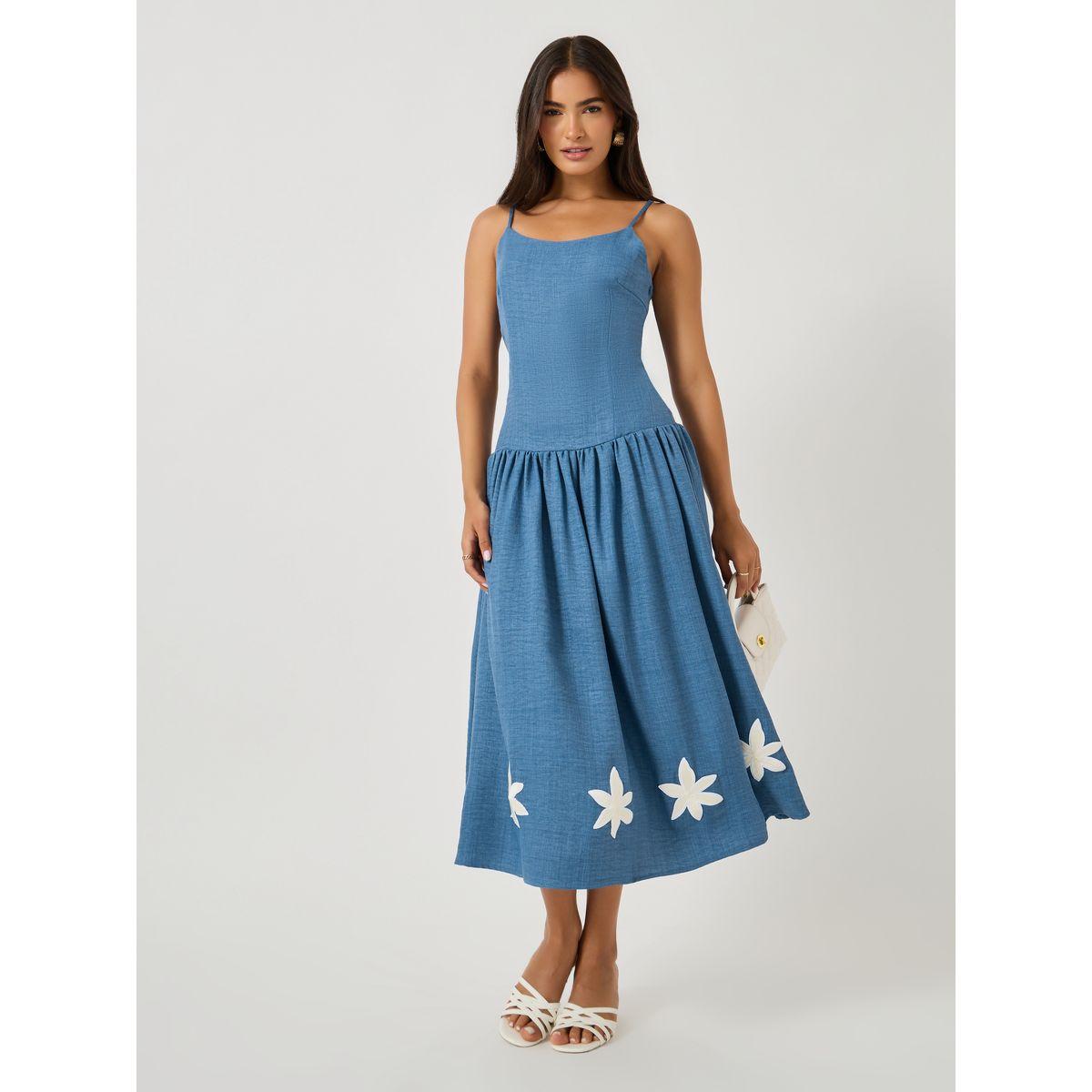 فستان ميدي بحمالات ومزخرف بزهور-women-clothing-dresses-image-1