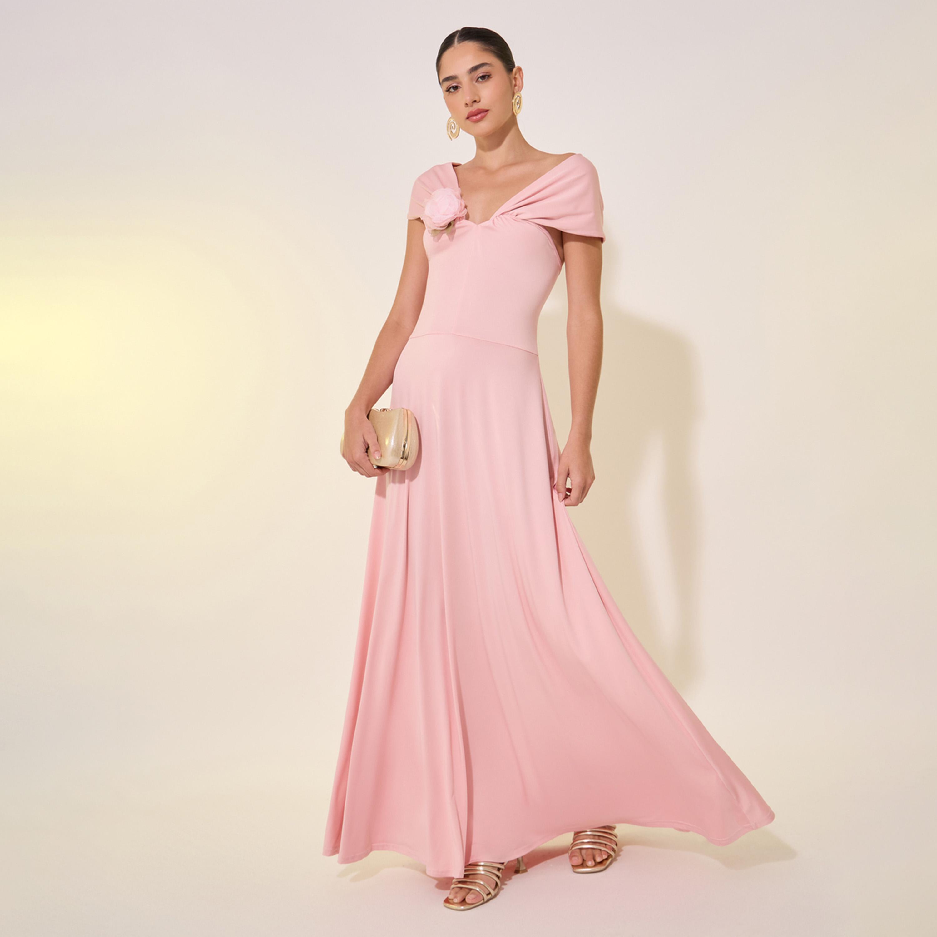 Take Two Solid Flower Corsage A-Line Maxi Dress-women-clothing-dresses-image-1
