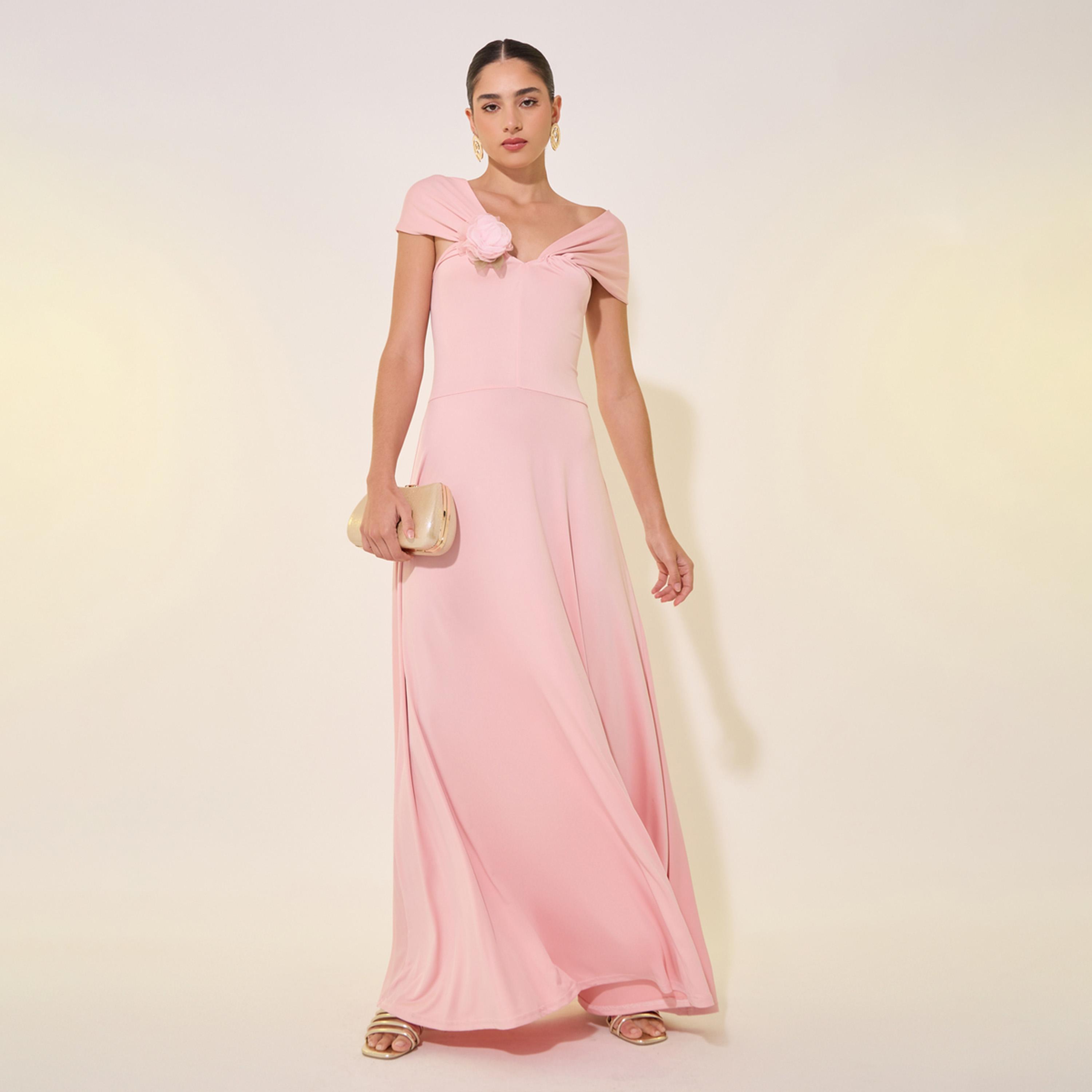 Take Two Solid Flower Corsage A-Line Maxi Dress-women-clothing-dresses-image-2
