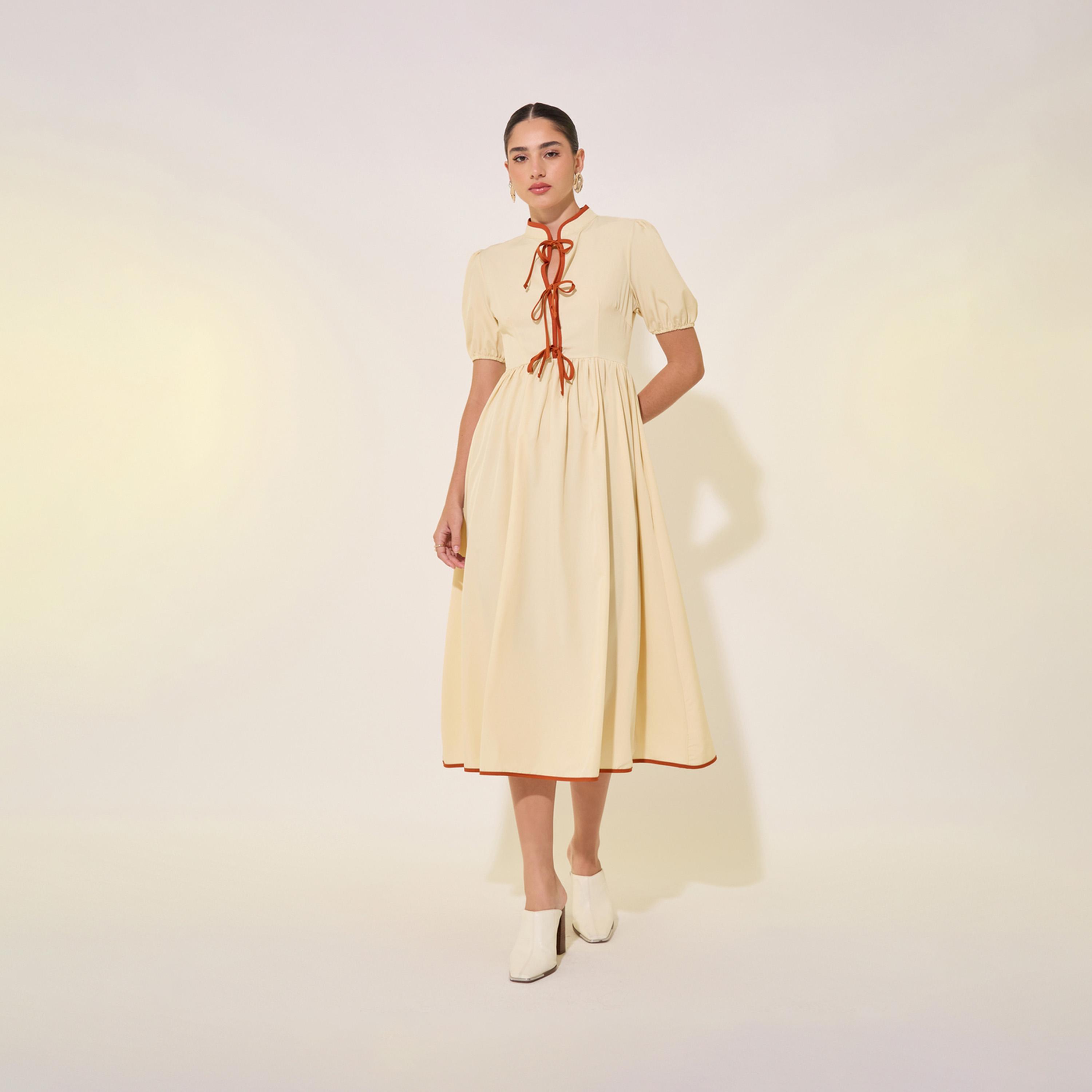 فستان ميدي بأكمام منفوخة وتفاصيل ربطات-women-clothing-dresses-image-1