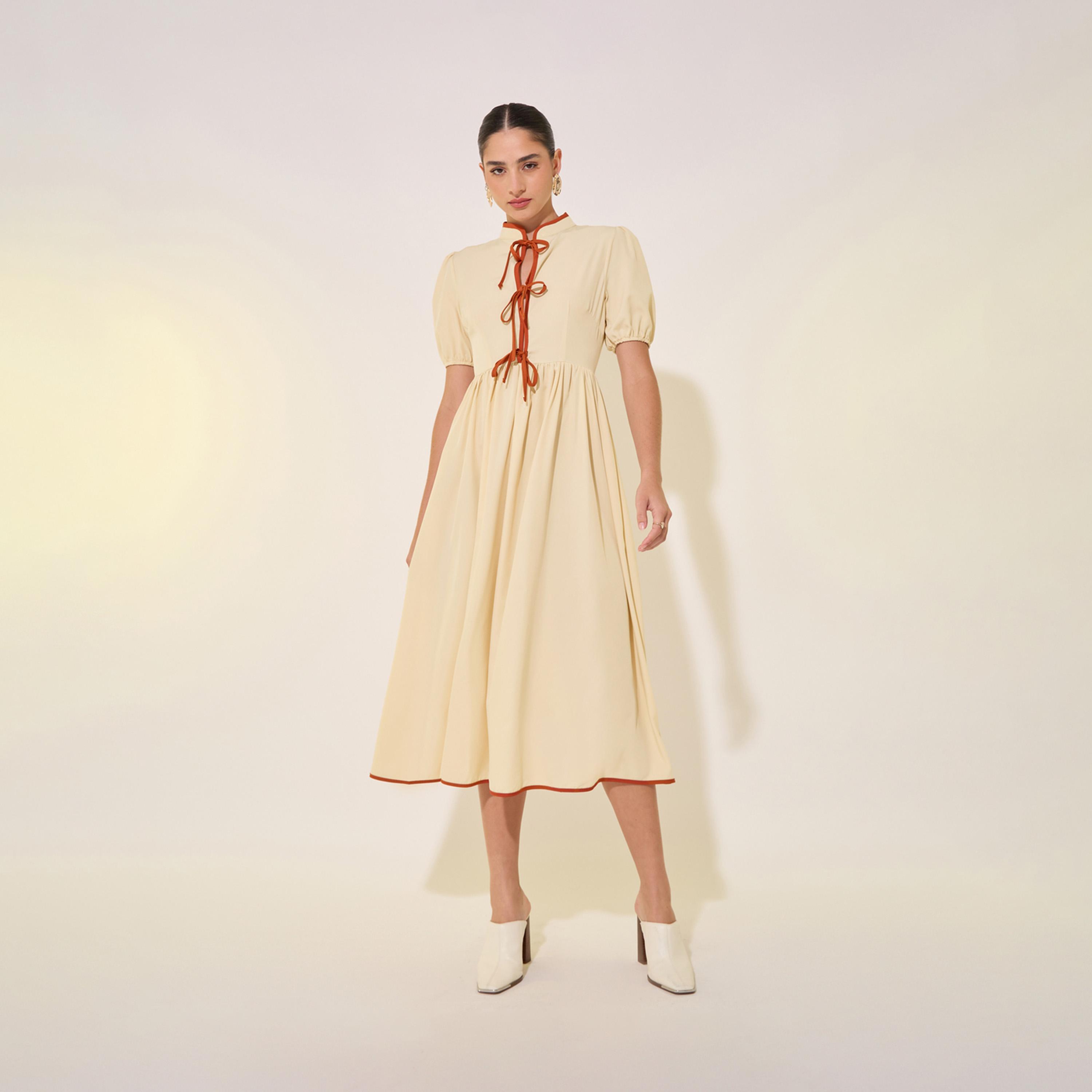 فستان ميدي بأكمام منفوخة وتفاصيل ربطات-women-clothing-dresses-image-2