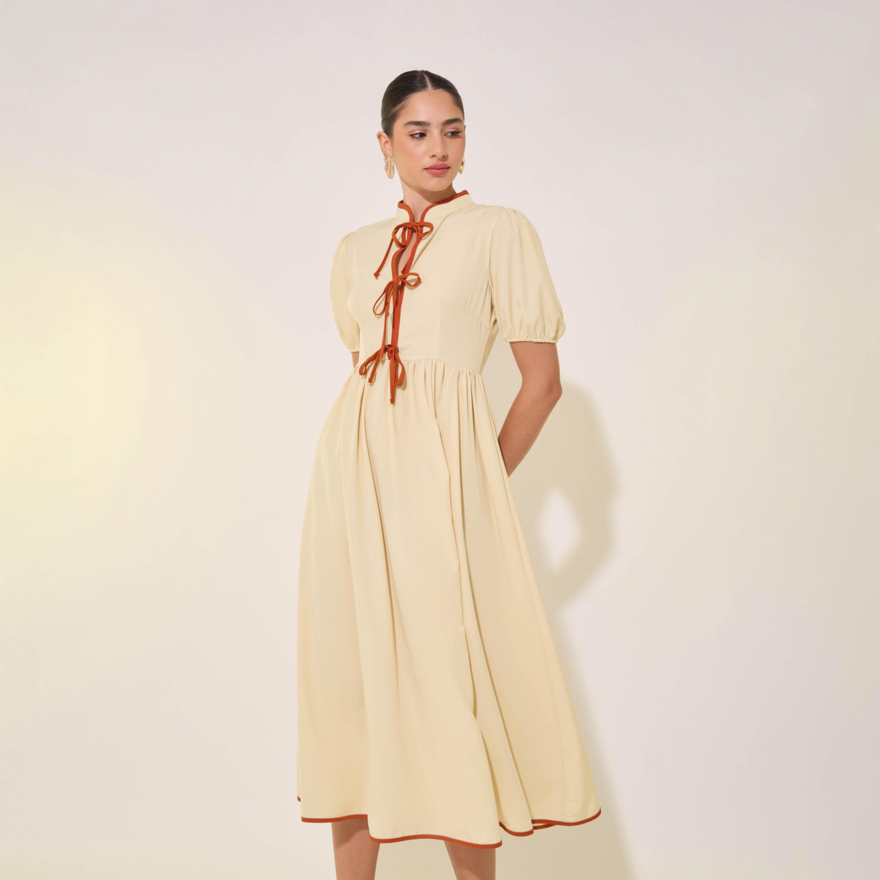 فستان ميدي بأكمام منفوخة وتفاصيل ربطات-women-clothing-dresses-image-3