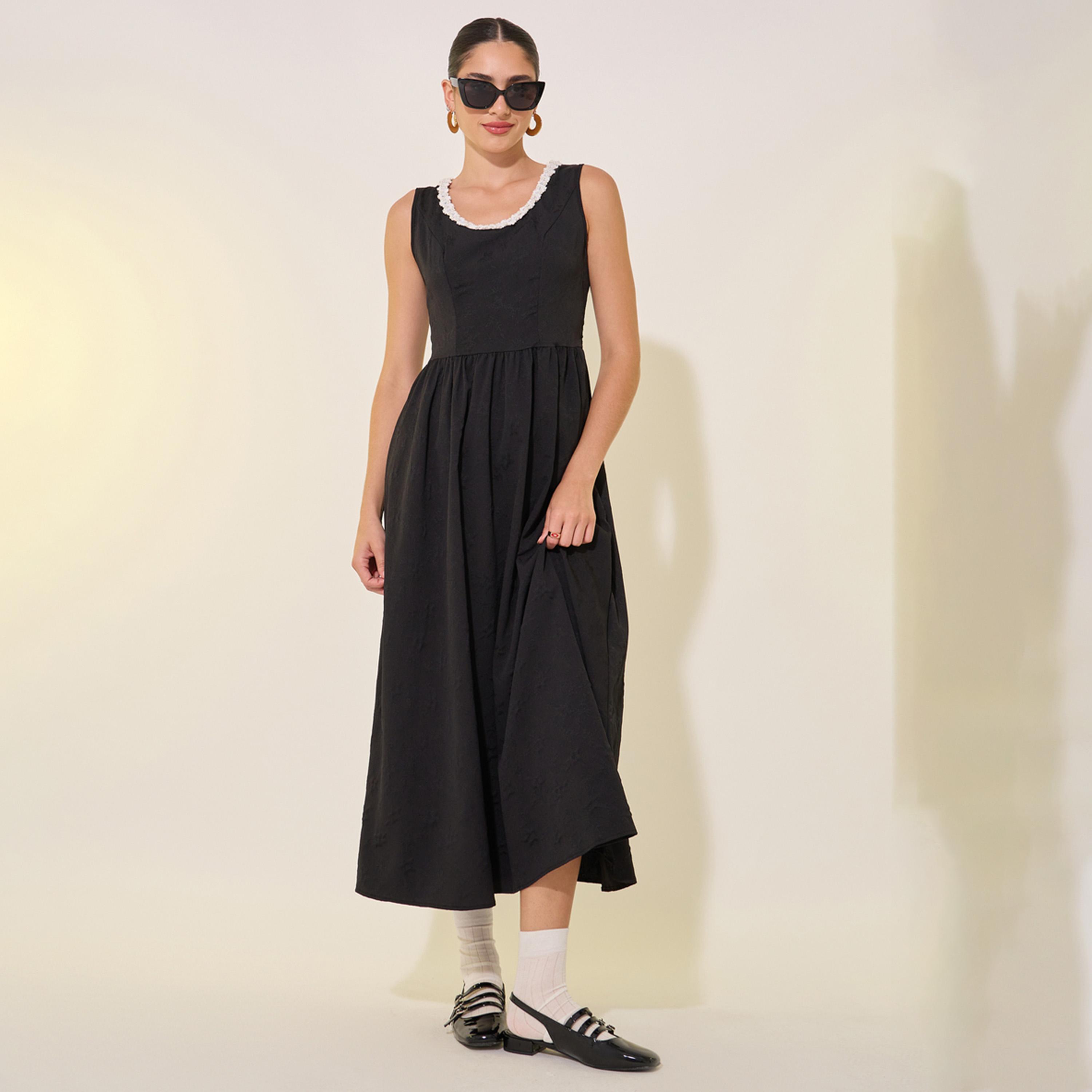 Take Two Solid Lace Trim Neckline Sleeveless Midi Dress-women-clothing-dresses-image-1