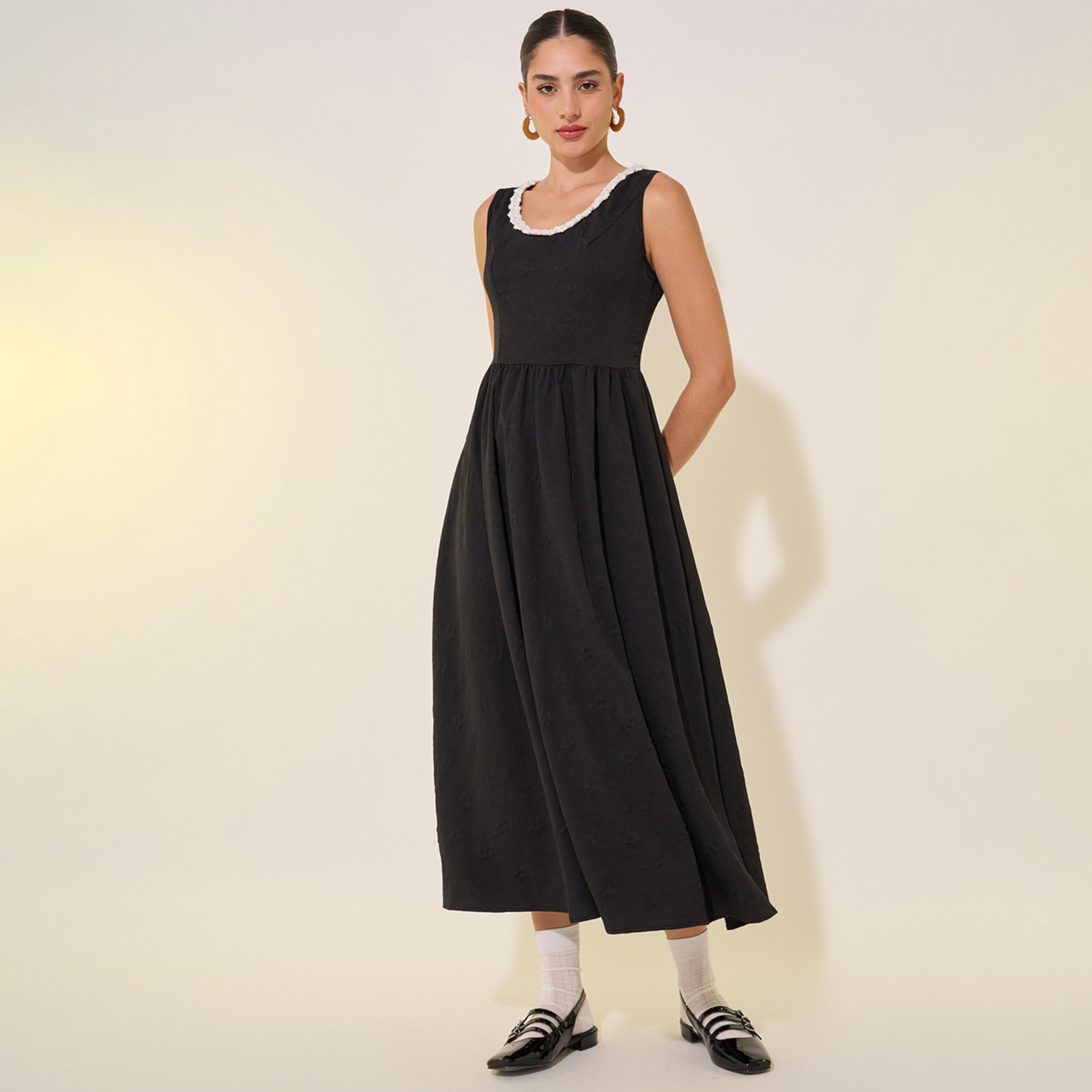 Take Two Solid Lace Trim Neckline Sleeveless Midi Dress-women-clothing-dresses-image-2