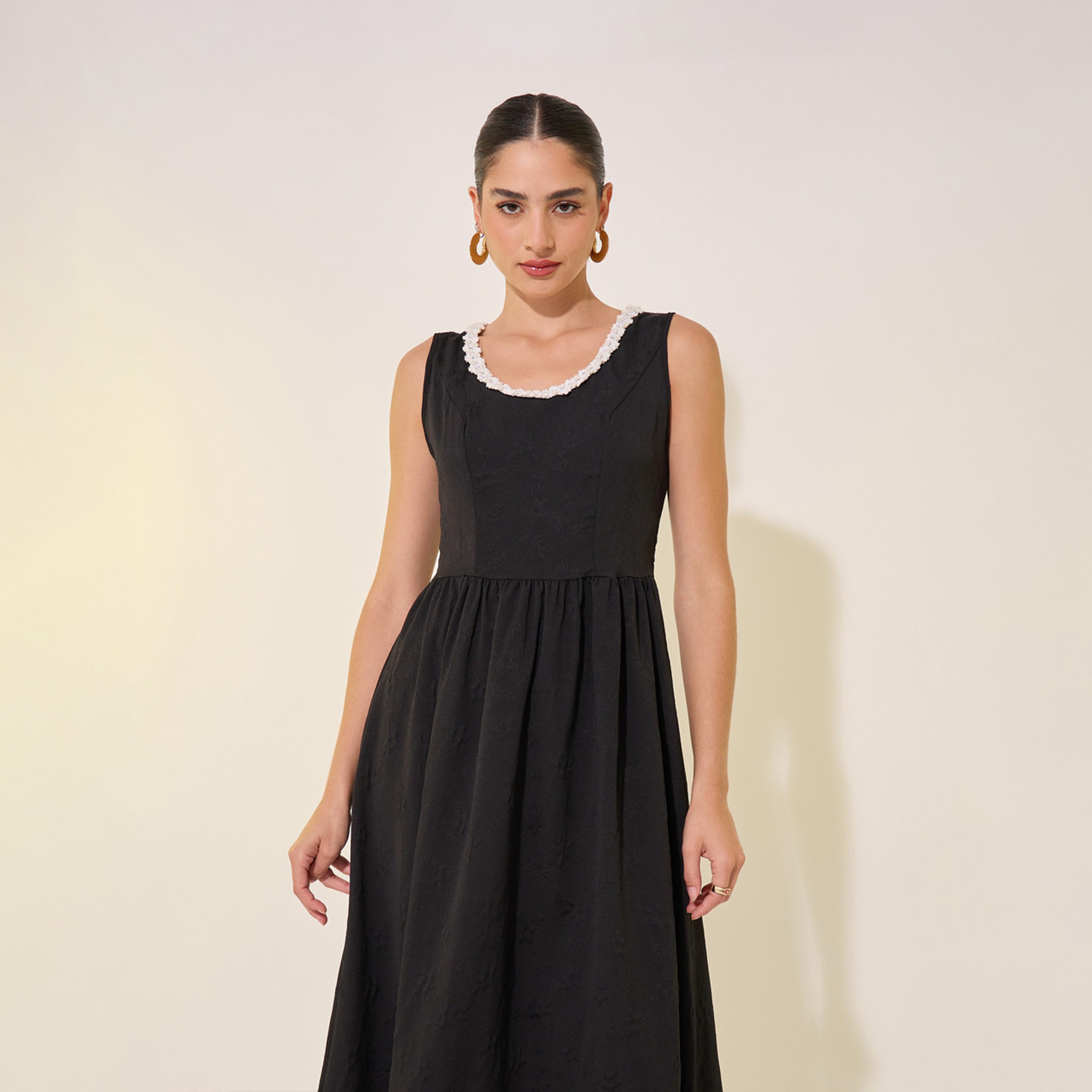 Take Two Solid Lace Trim Neckline Sleeveless Midi Dress-women-clothing-dresses-image-3