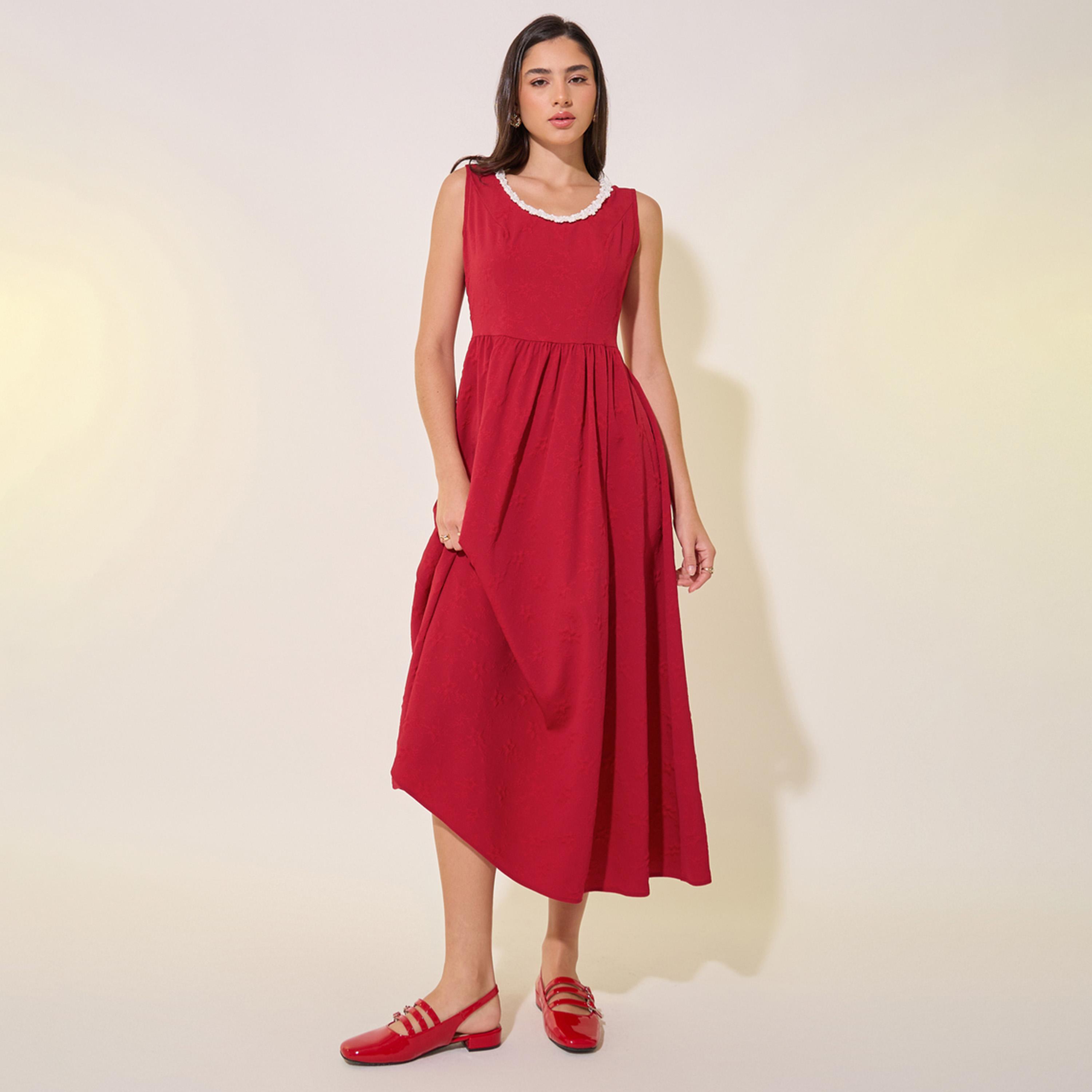Styli Solid Lace Trim Neckline Sleeveless Midi Dress-women-clothing-dresses-image-1