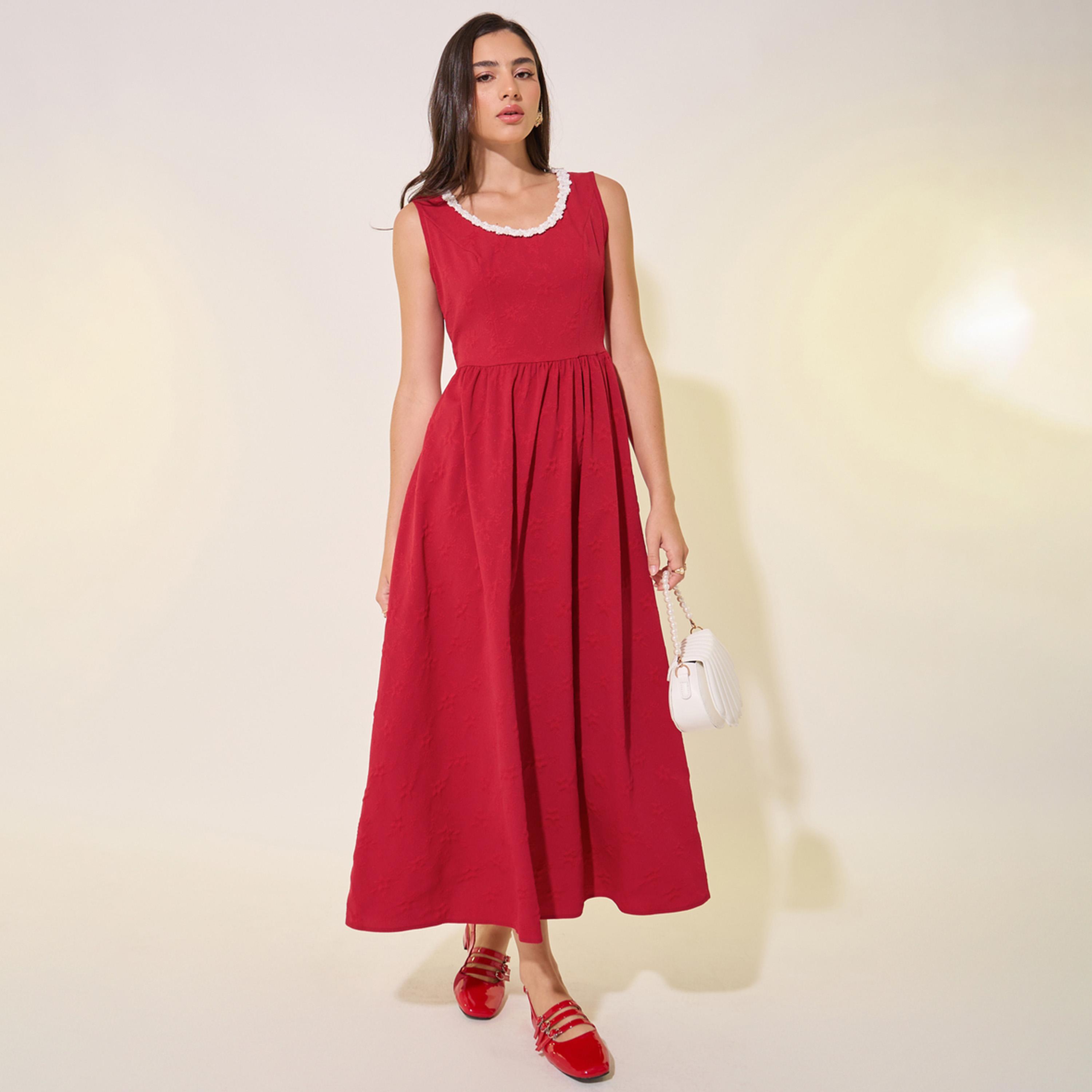 ستايلي - فستان متوسط الطول بدون أكمام بياقة دائرية وحواف دانتيل-women-clothing-dresses-image-2
