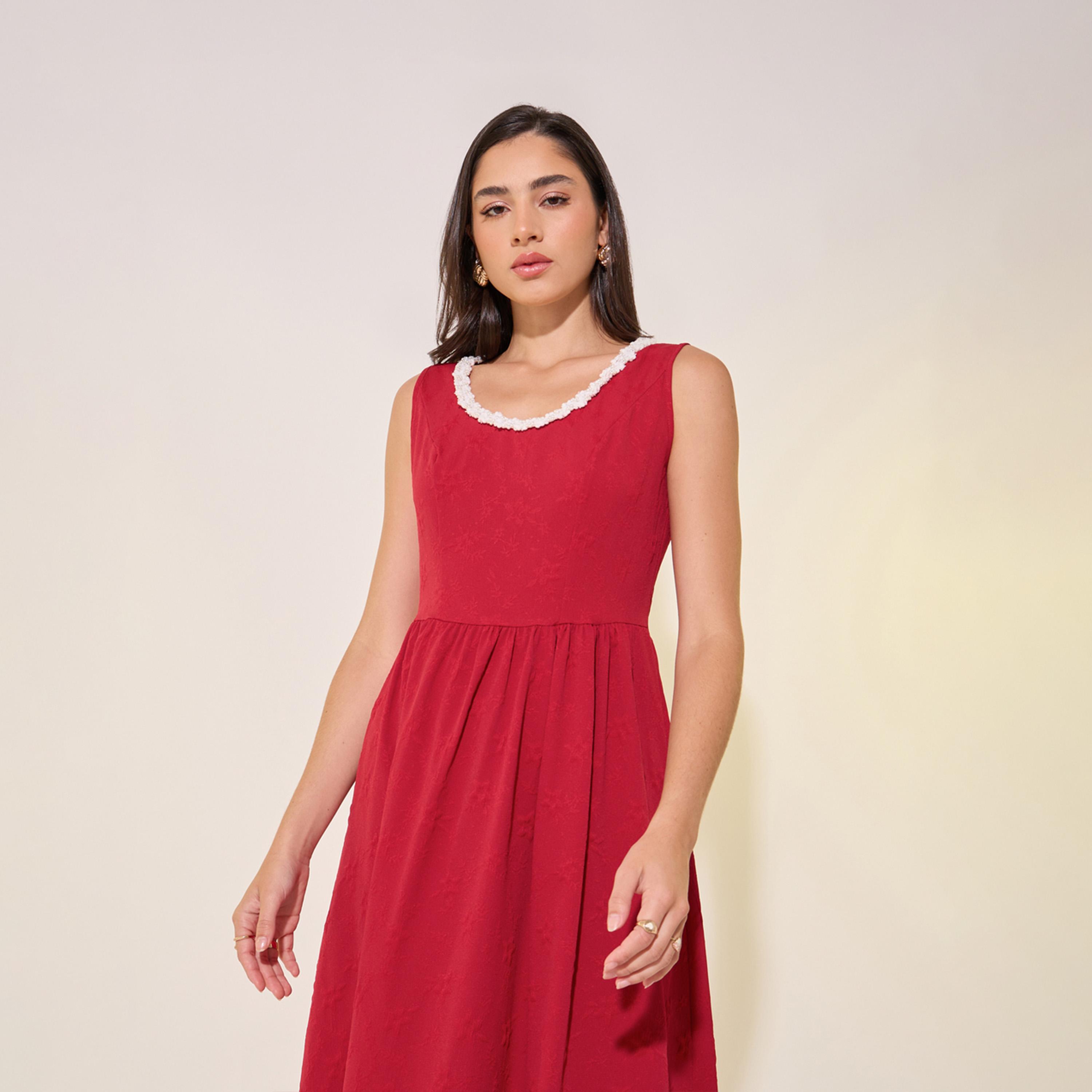 Styli Solid Lace Trim Neckline Sleeveless Midi Dress-women-clothing-dresses-image-3