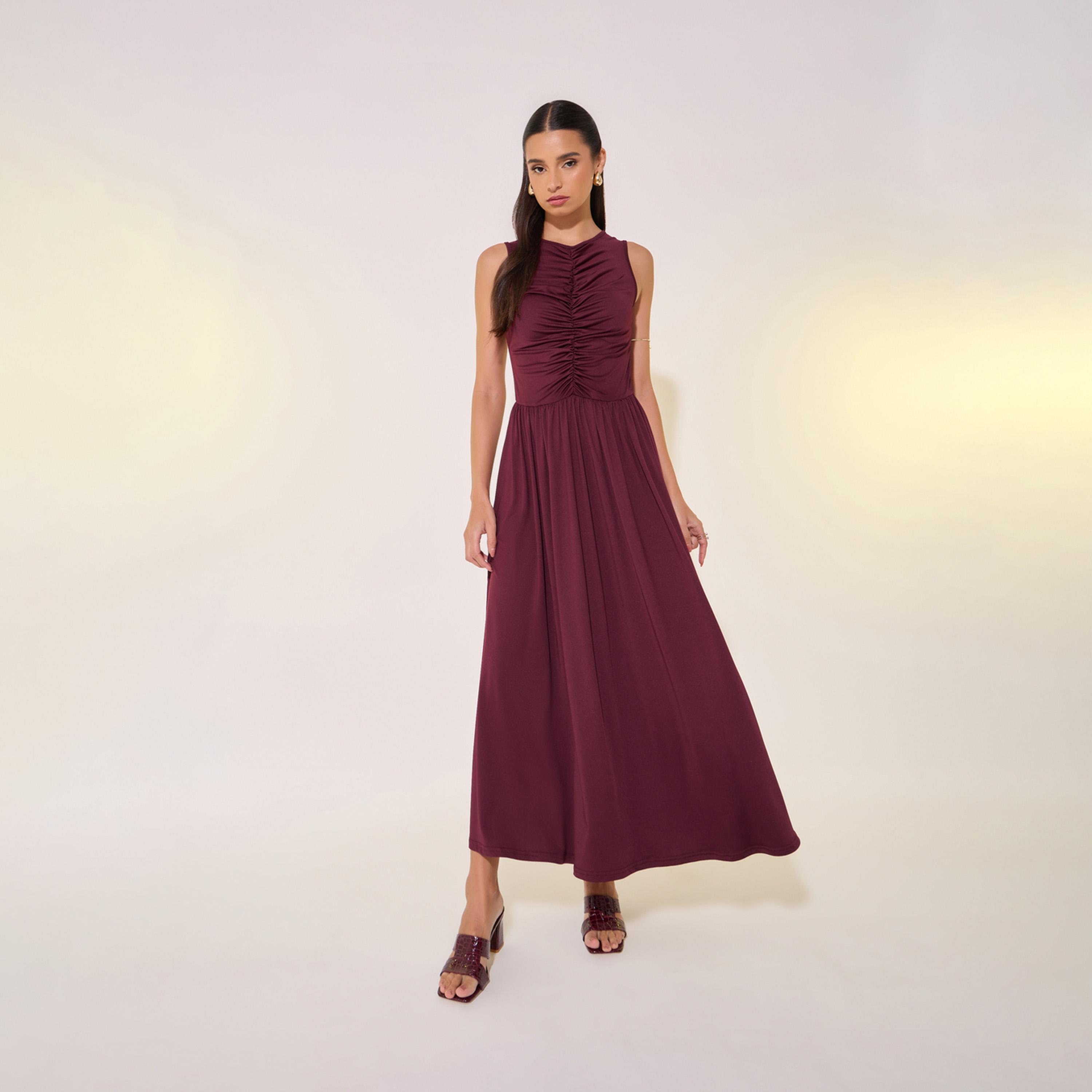 Take Two Solid Gathered Detail Sleeveless Maxi Dress-women-clothing-dresses-image-1