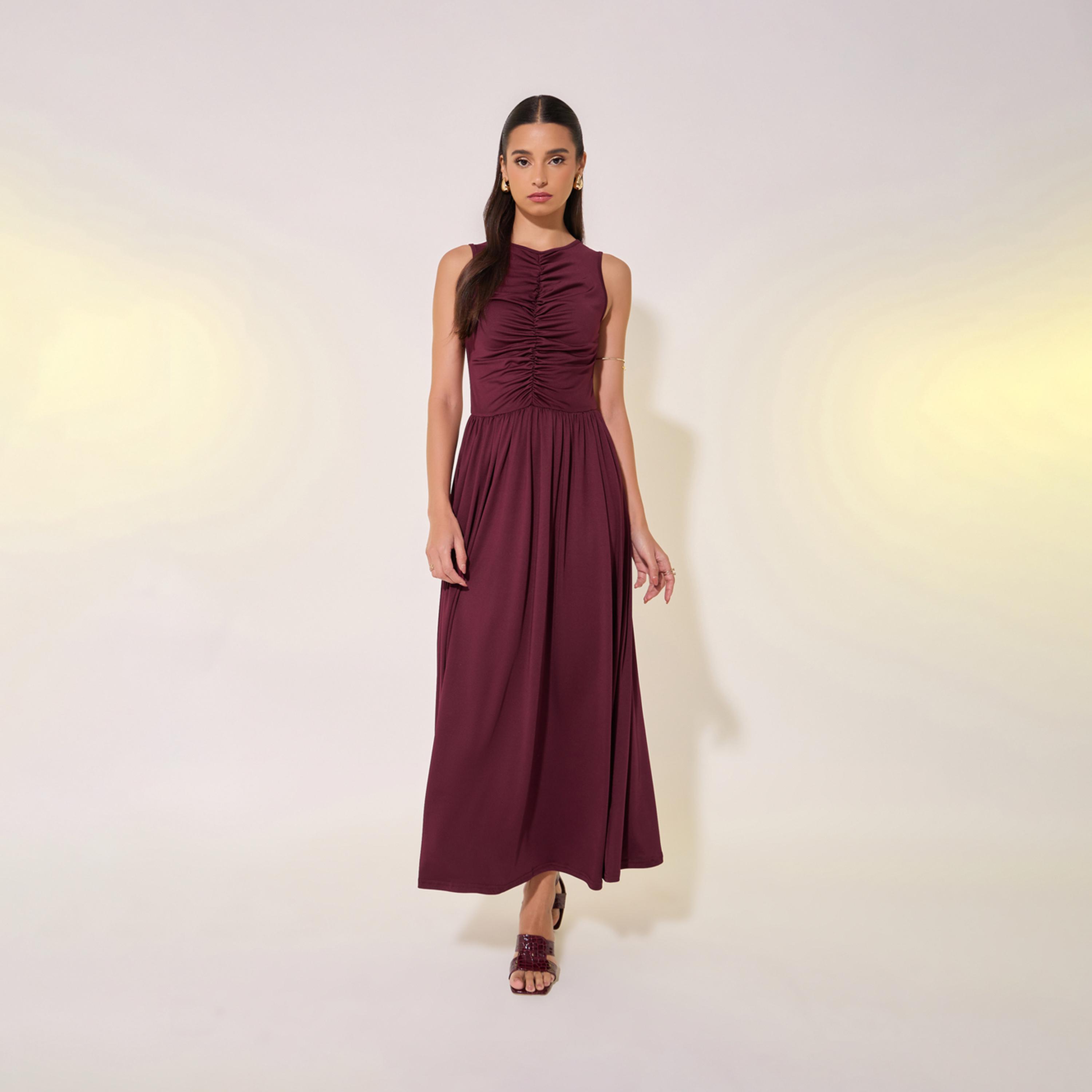 Take Two Solid Gathered Detail Sleeveless Maxi Dress-women-clothing-dresses-image-2