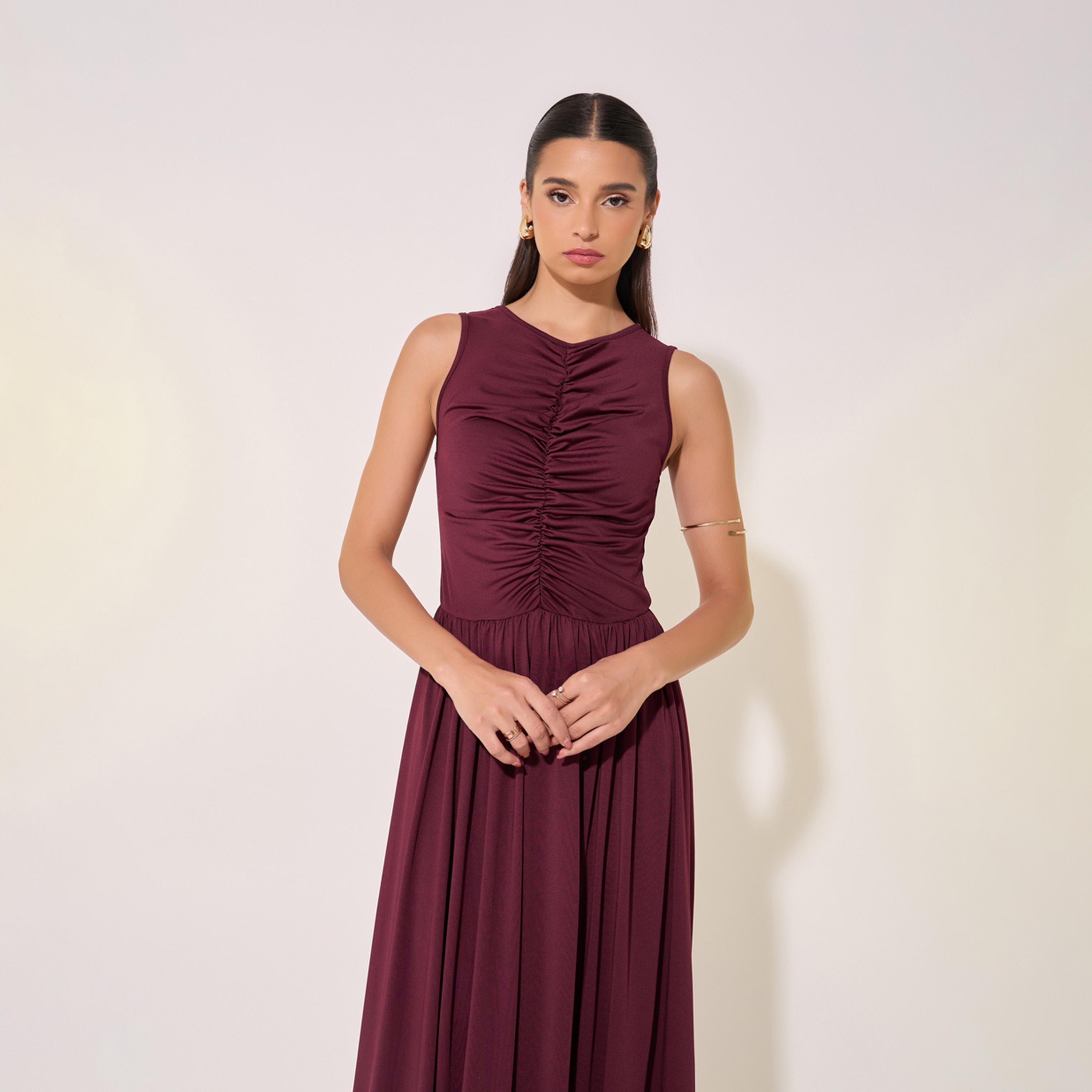 Take Two Solid Gathered Detail Sleeveless Maxi Dress-women-clothing-dresses-image-3