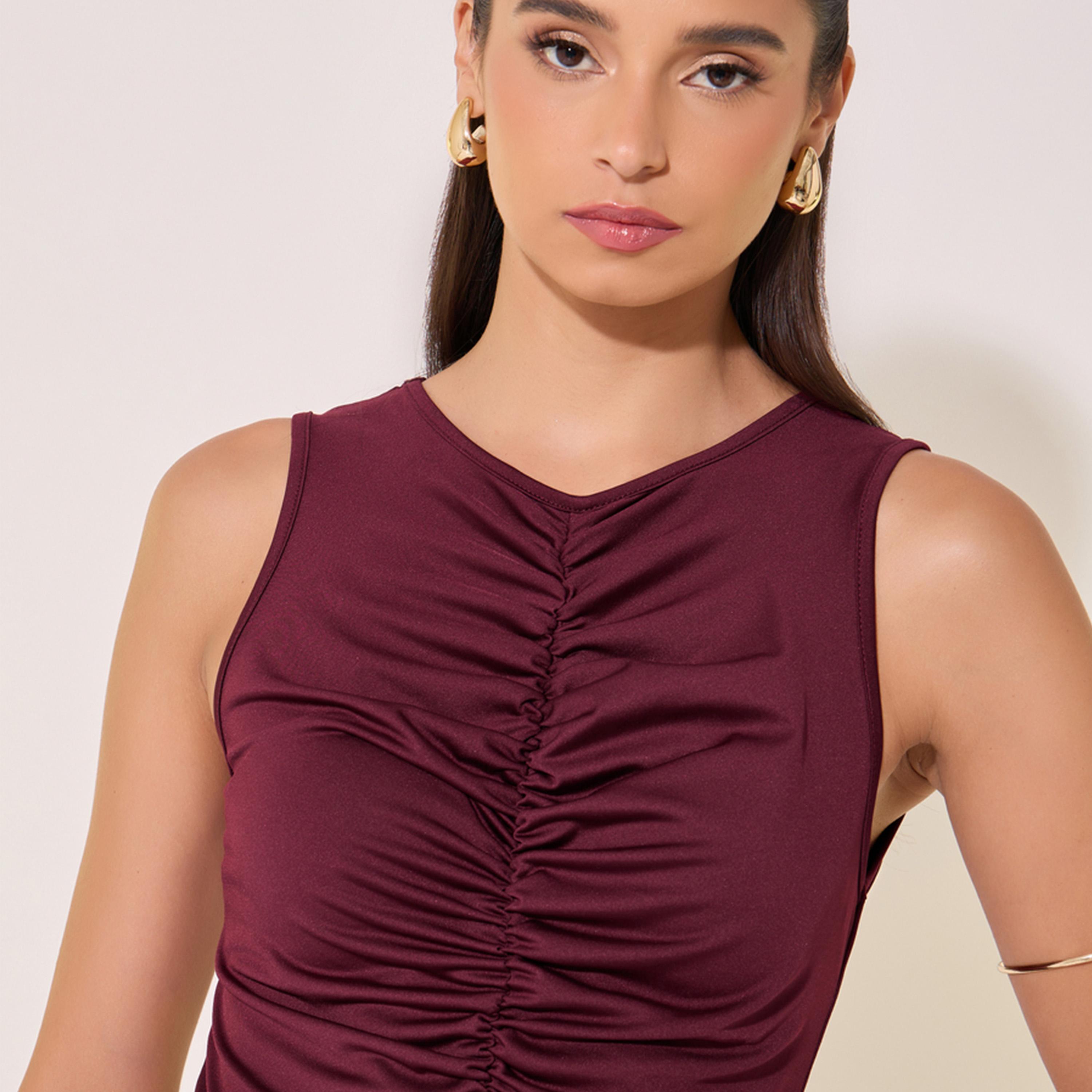 فستان طويل سادة بدون أكمام مع تفاصيل مُجمعة-women-clothing-dresses-image-4