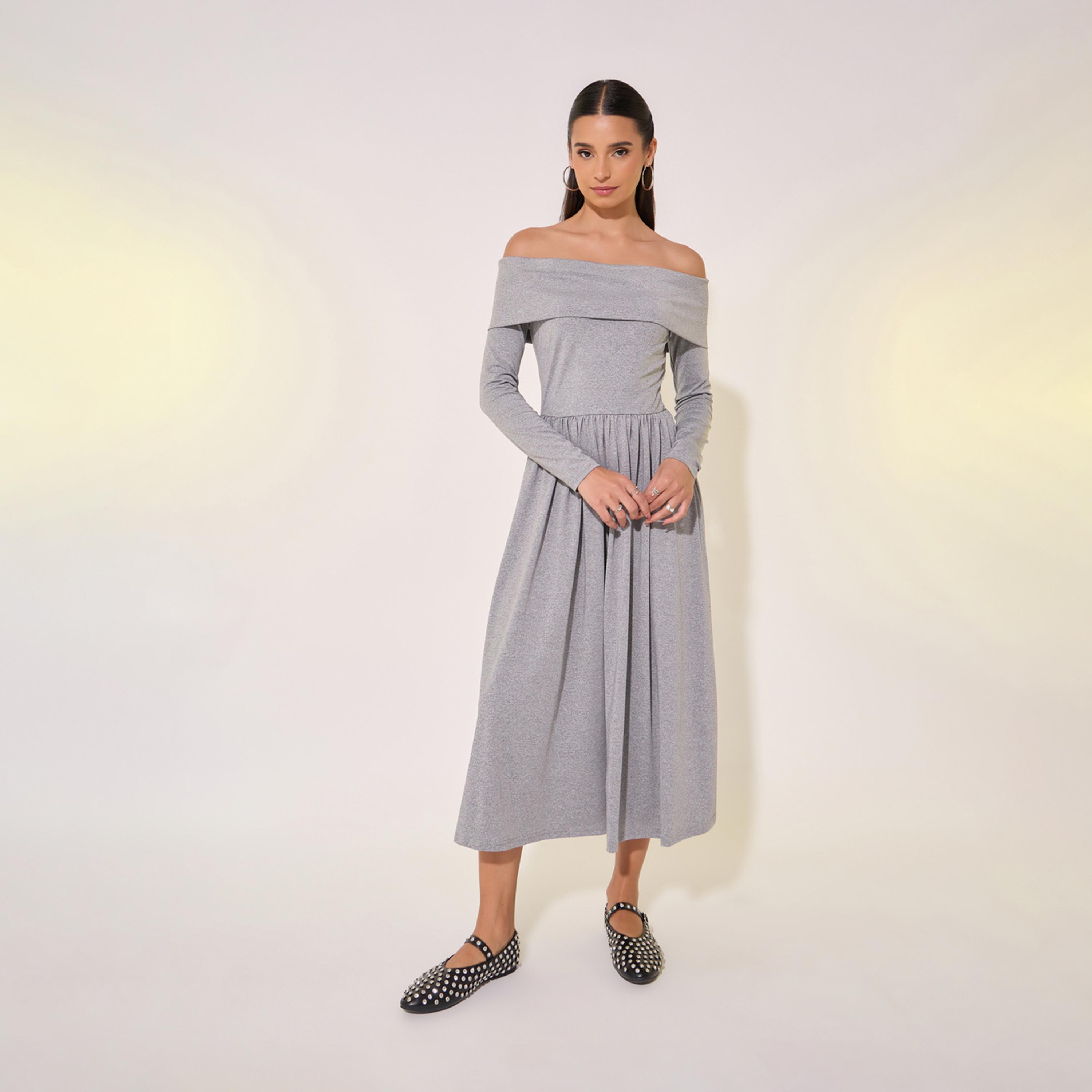 Take Two Solid Off Shoulder Pleated Midi Dress-women-clothing-dresses-image-2