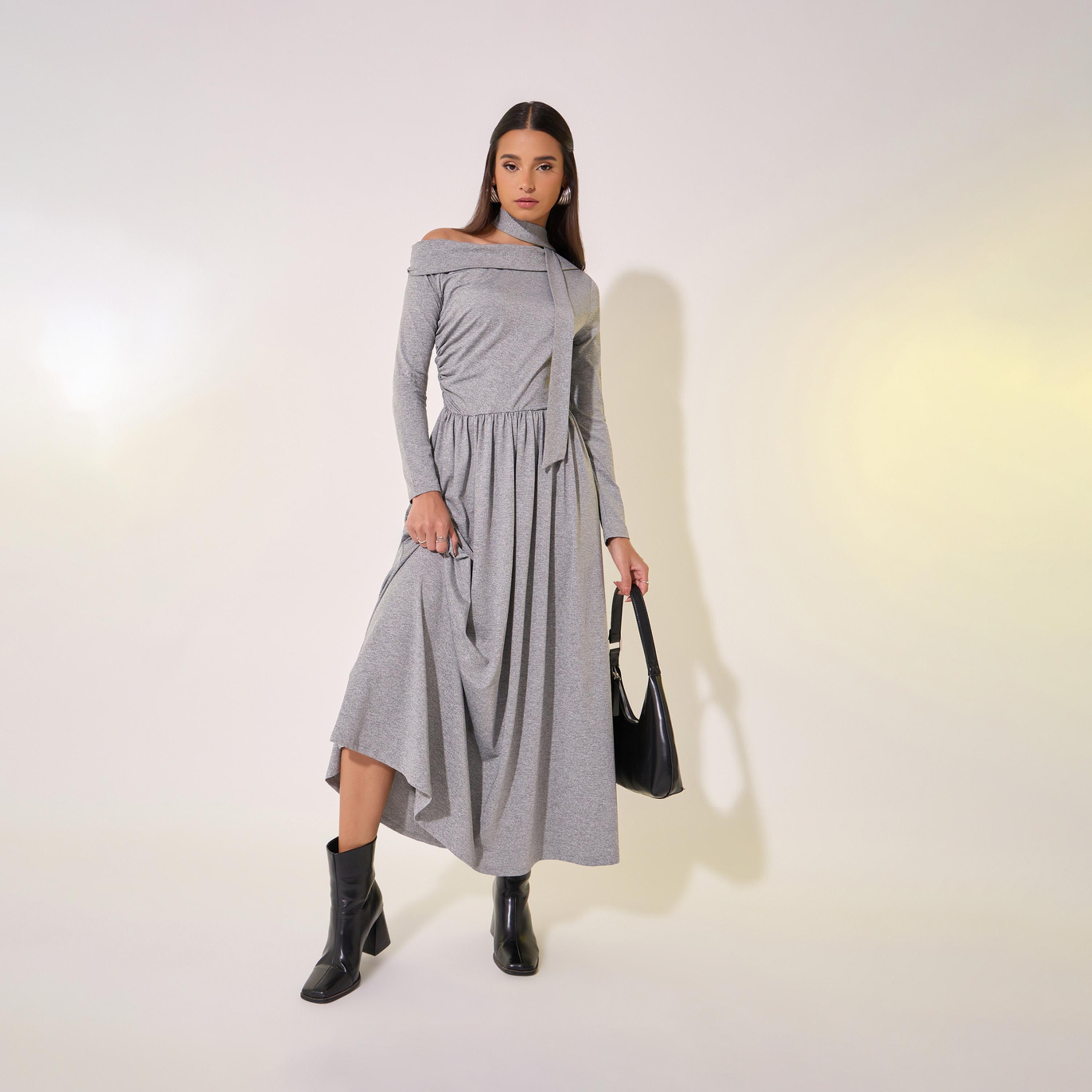 Take Two One Shoulder Neck Tie-Up Detail Midi Dress-women-clothing-dresses-image-1