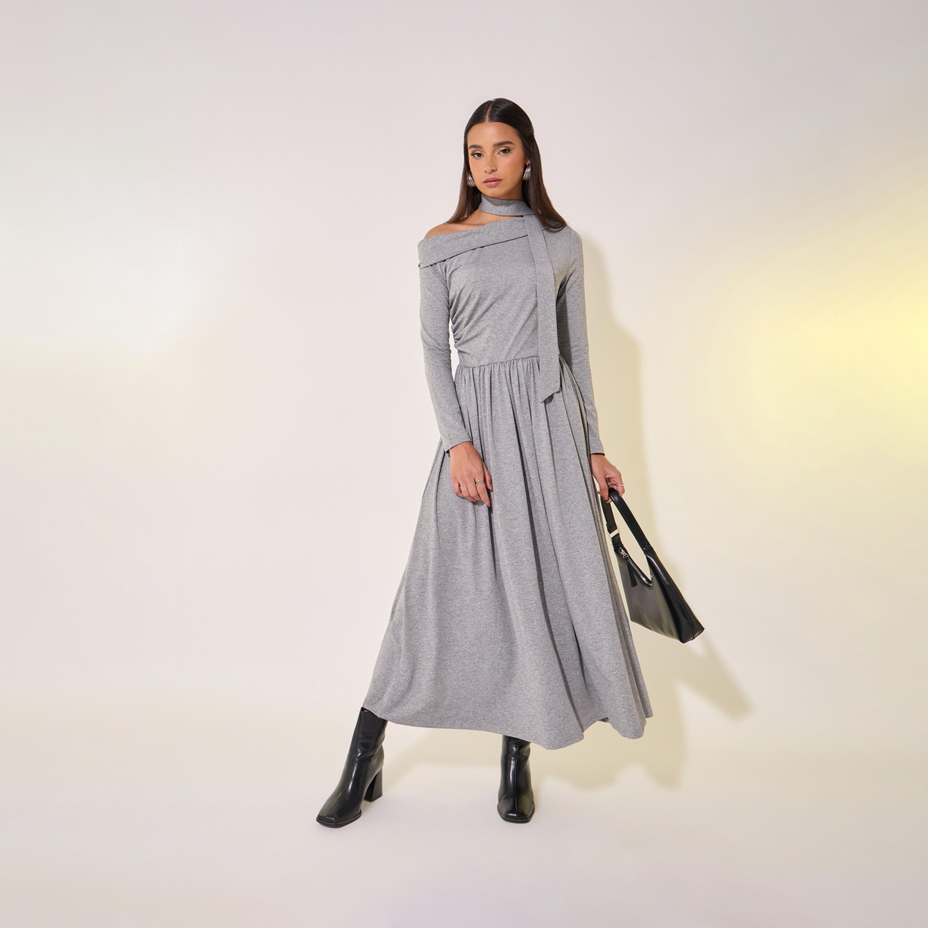 Take Two One Shoulder Neck Tie-Up Detail Midi Dress-women-clothing-dresses-image-2