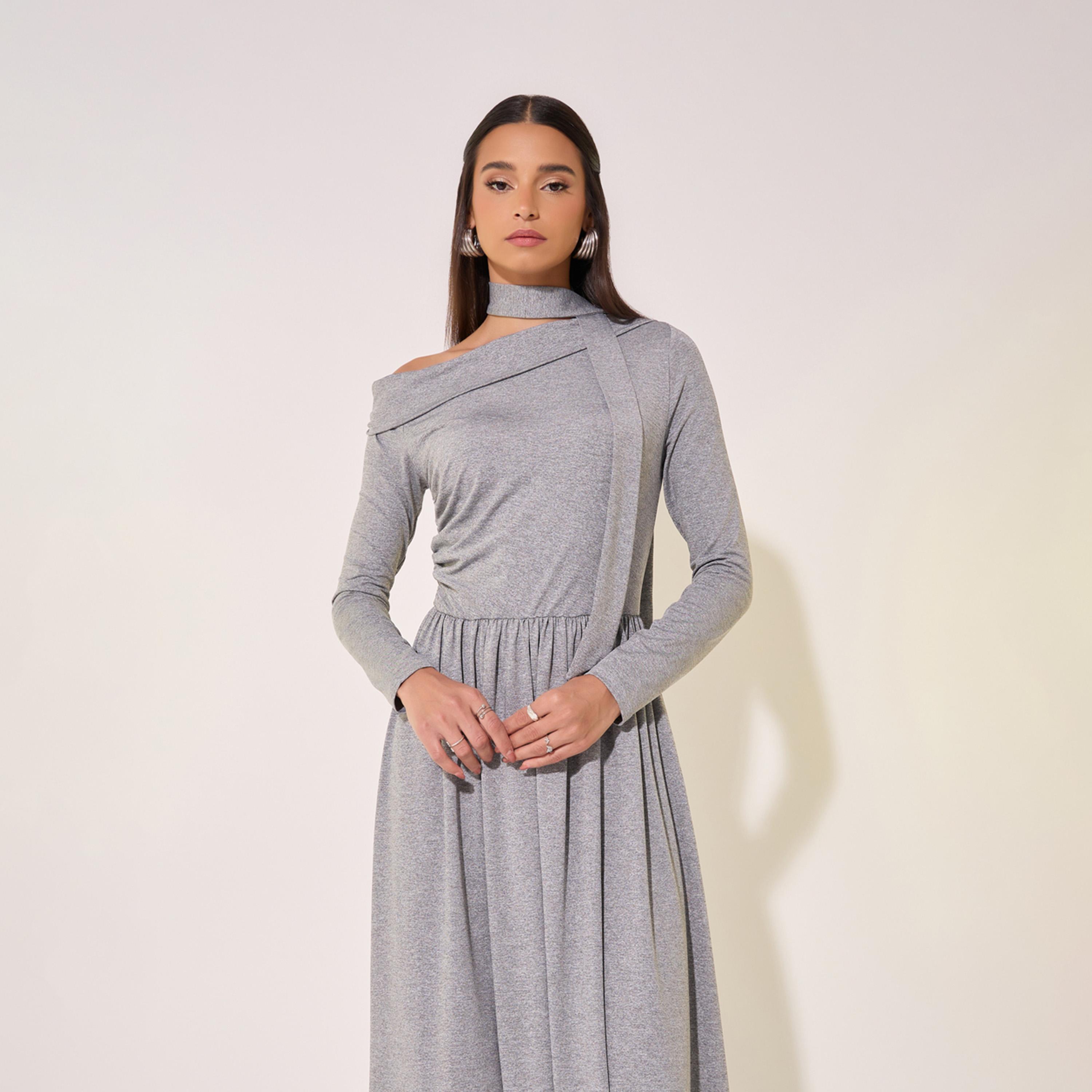 Take Two One Shoulder Neck Tie-Up Detail Midi Dress-women-clothing-dresses-image-3