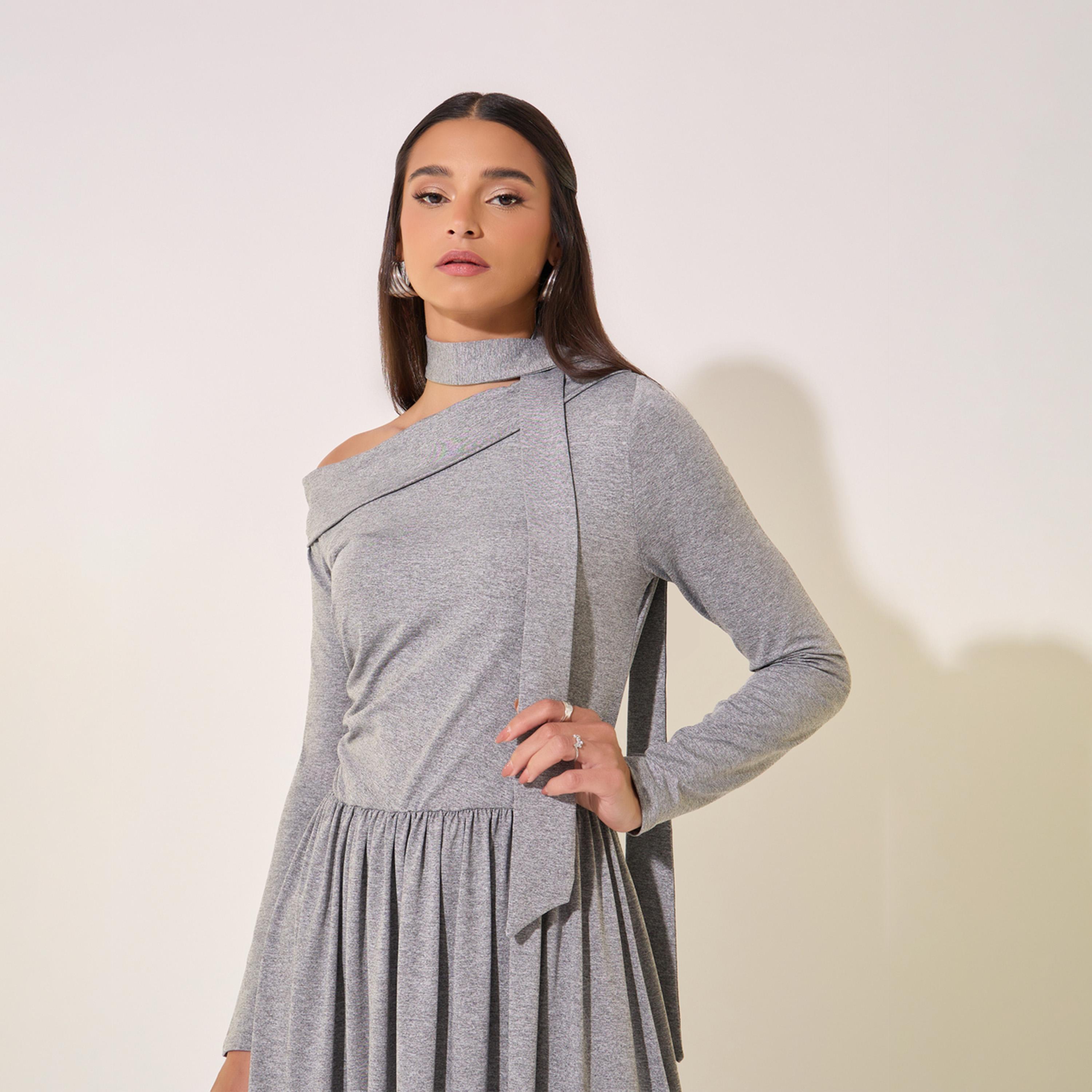 Take Two One Shoulder Neck Tie-Up Detail Midi Dress-women-clothing-dresses-image-4