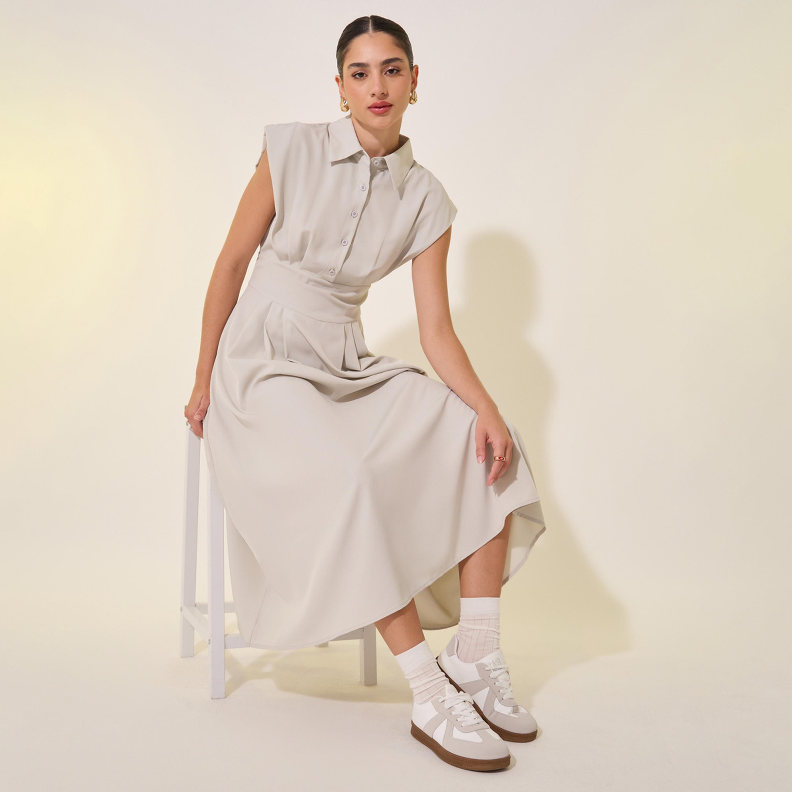 Take Two Solid Sleeveless Buttoned Midi Shirt Dress-women-clothing-dresses-image-1