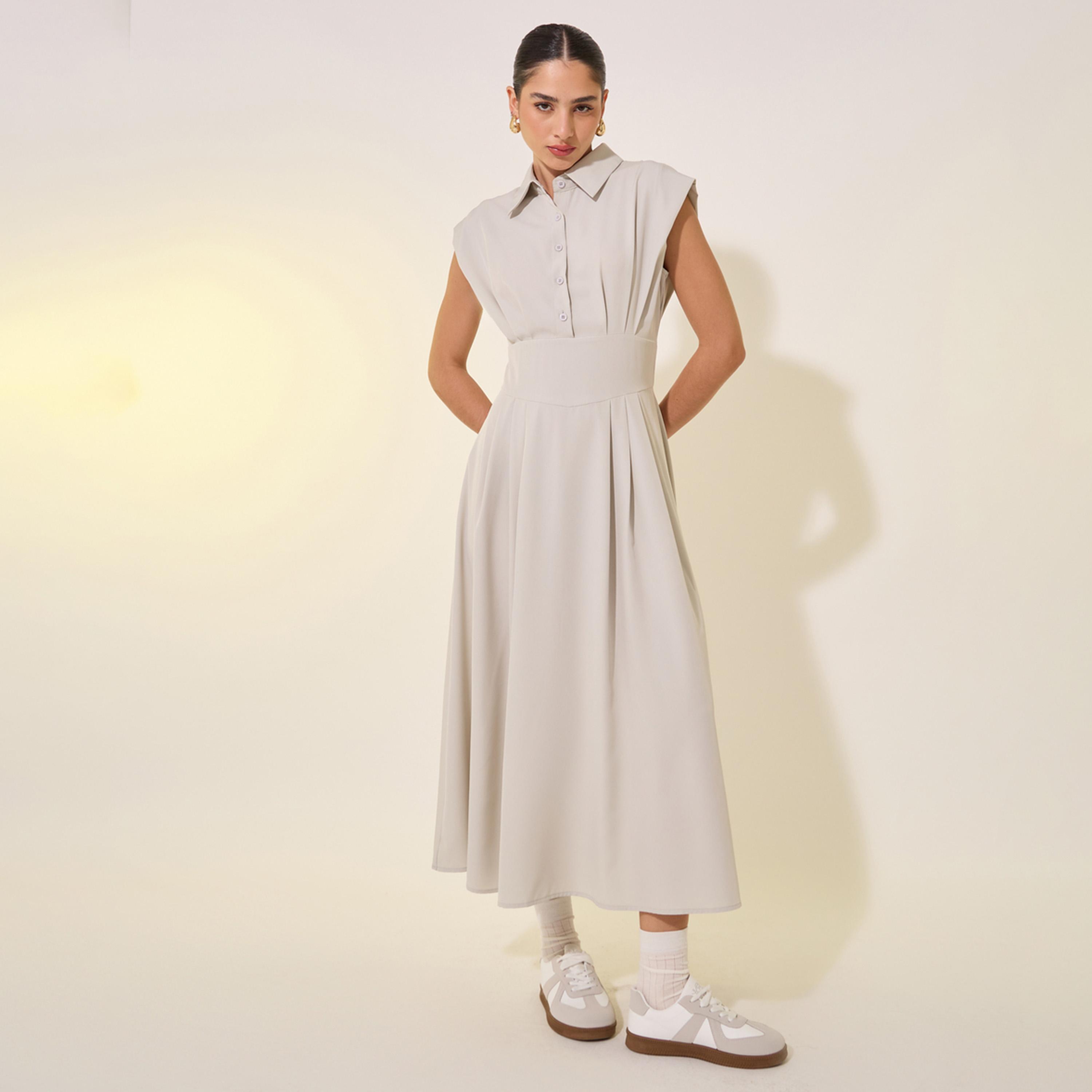 Take Two Solid Sleeveless Buttoned Midi Shirt Dress-women-clothing-dresses-image-2