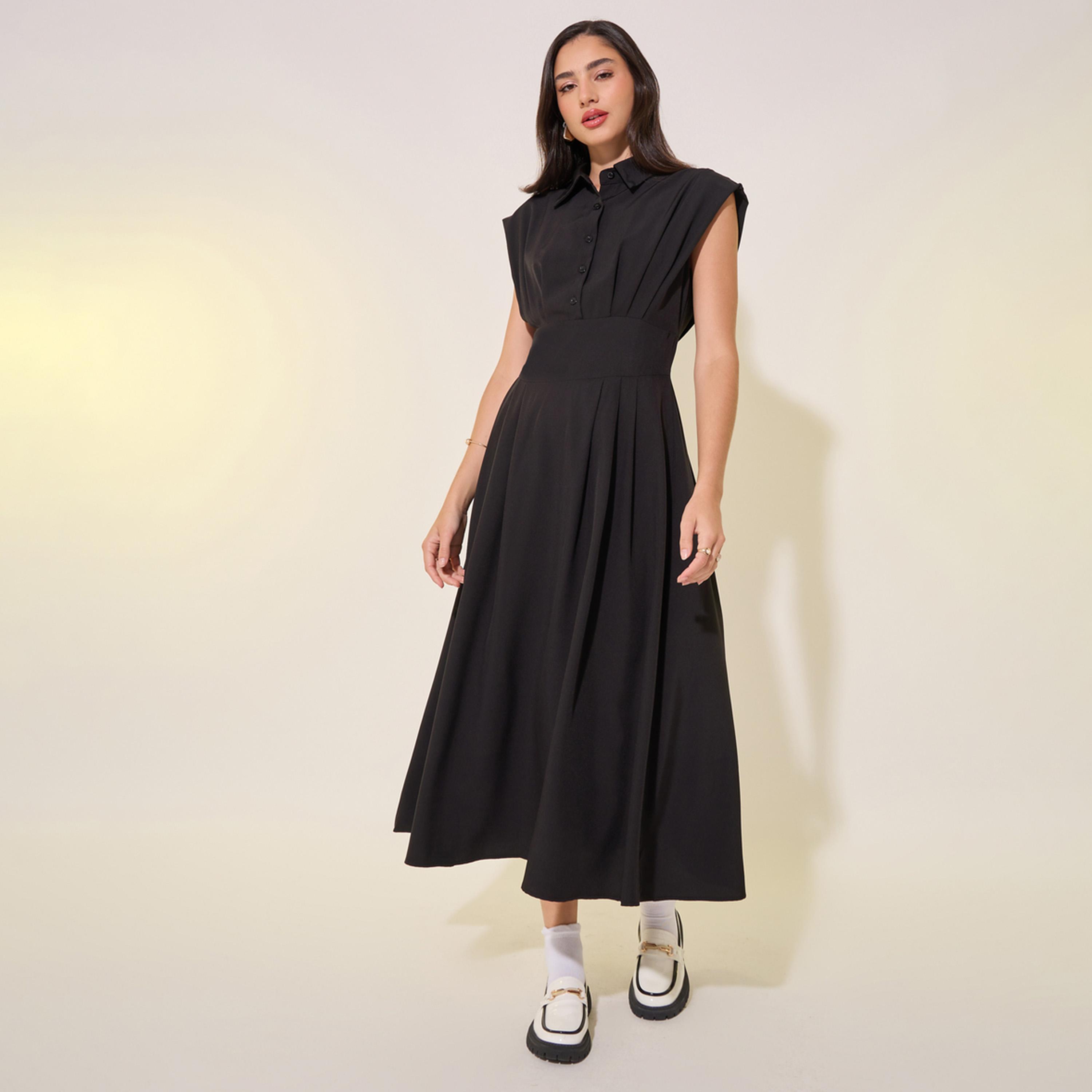 فستان ميدي سادة بلا أكمام مع أزرار-women-clothing-dresses-image-2