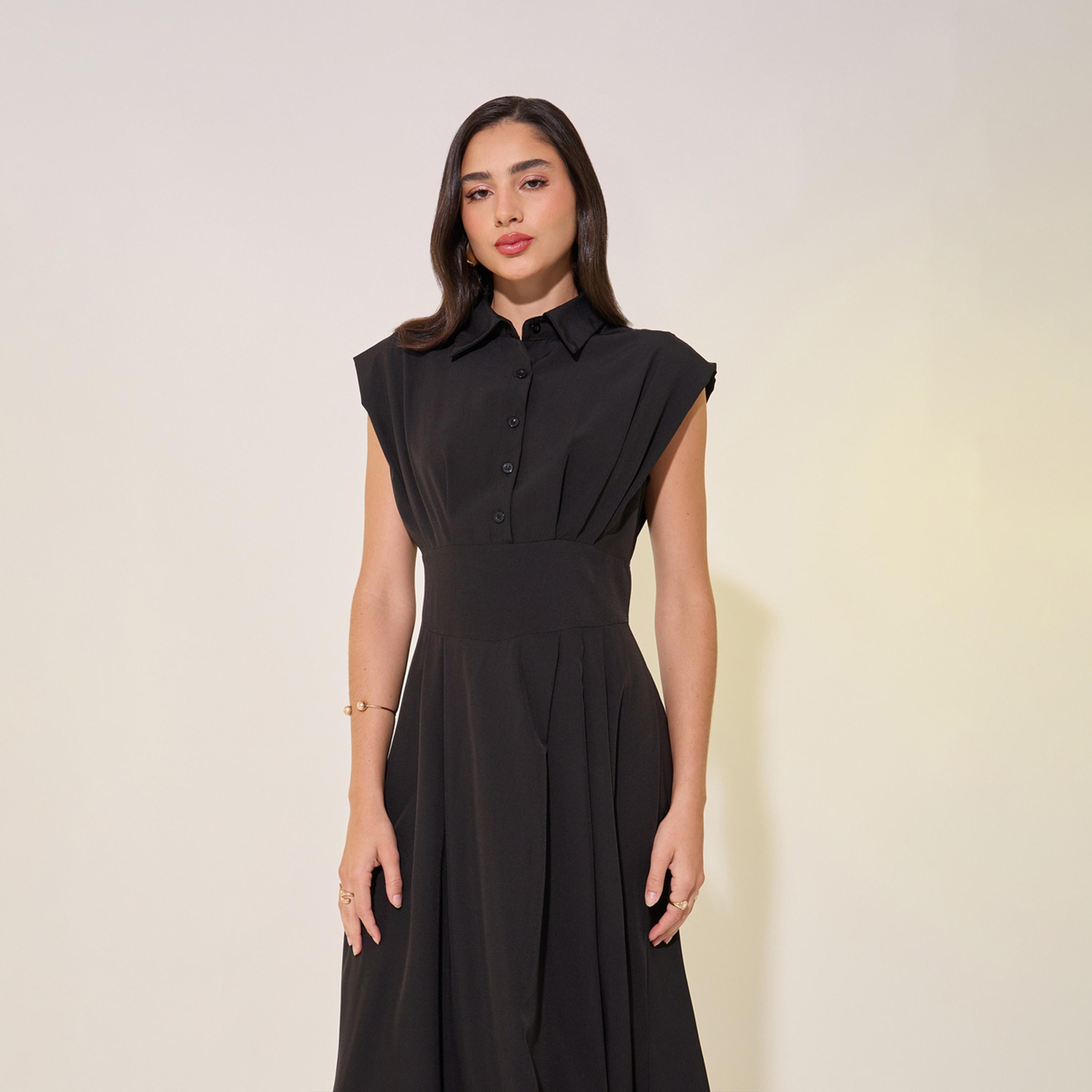 فستان ميدي سادة بلا أكمام مع أزرار-women-clothing-dresses-image-3