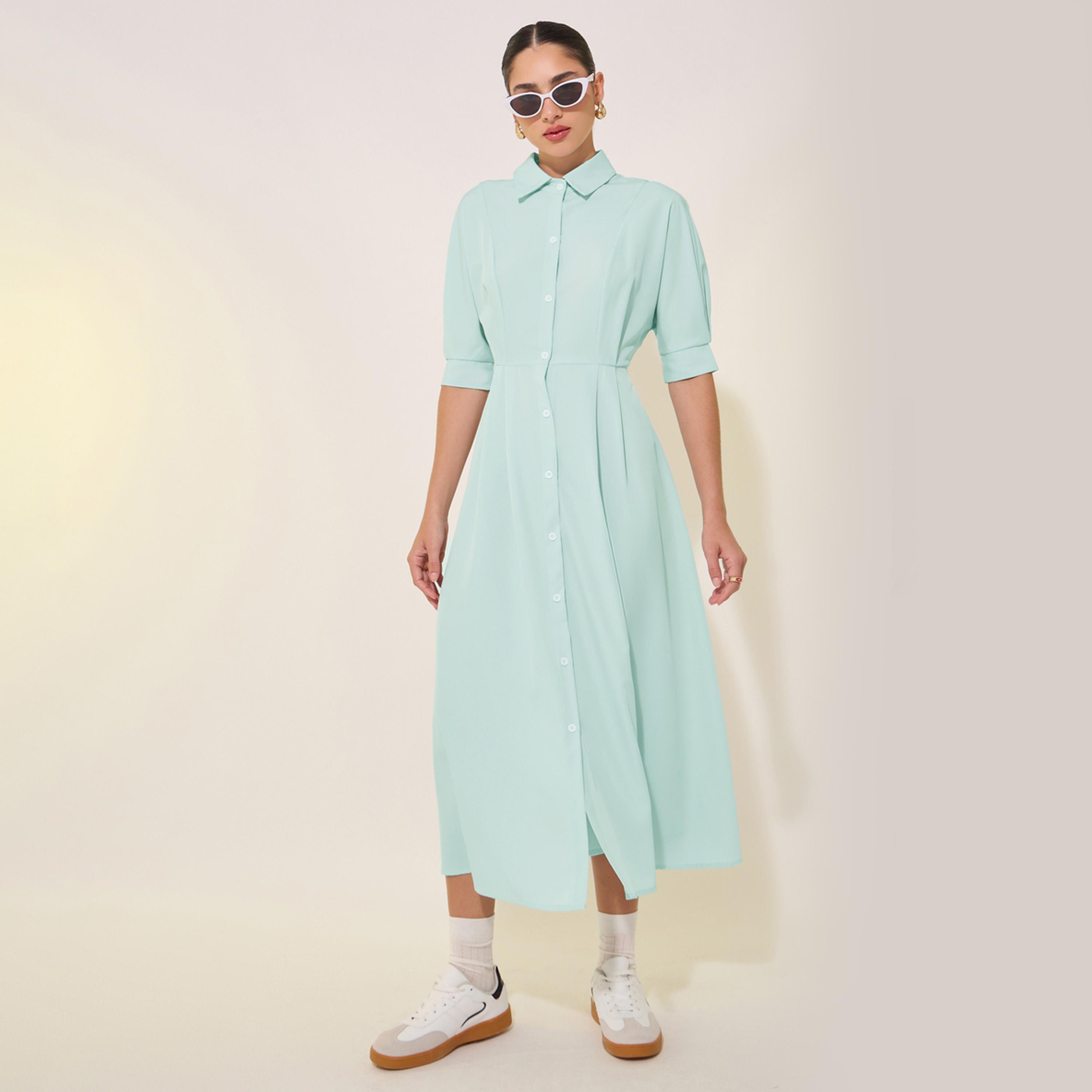 فستان ميدي سادة بياقة سبريد وأكمام قصيرة-women-clothing-dresses-image-1