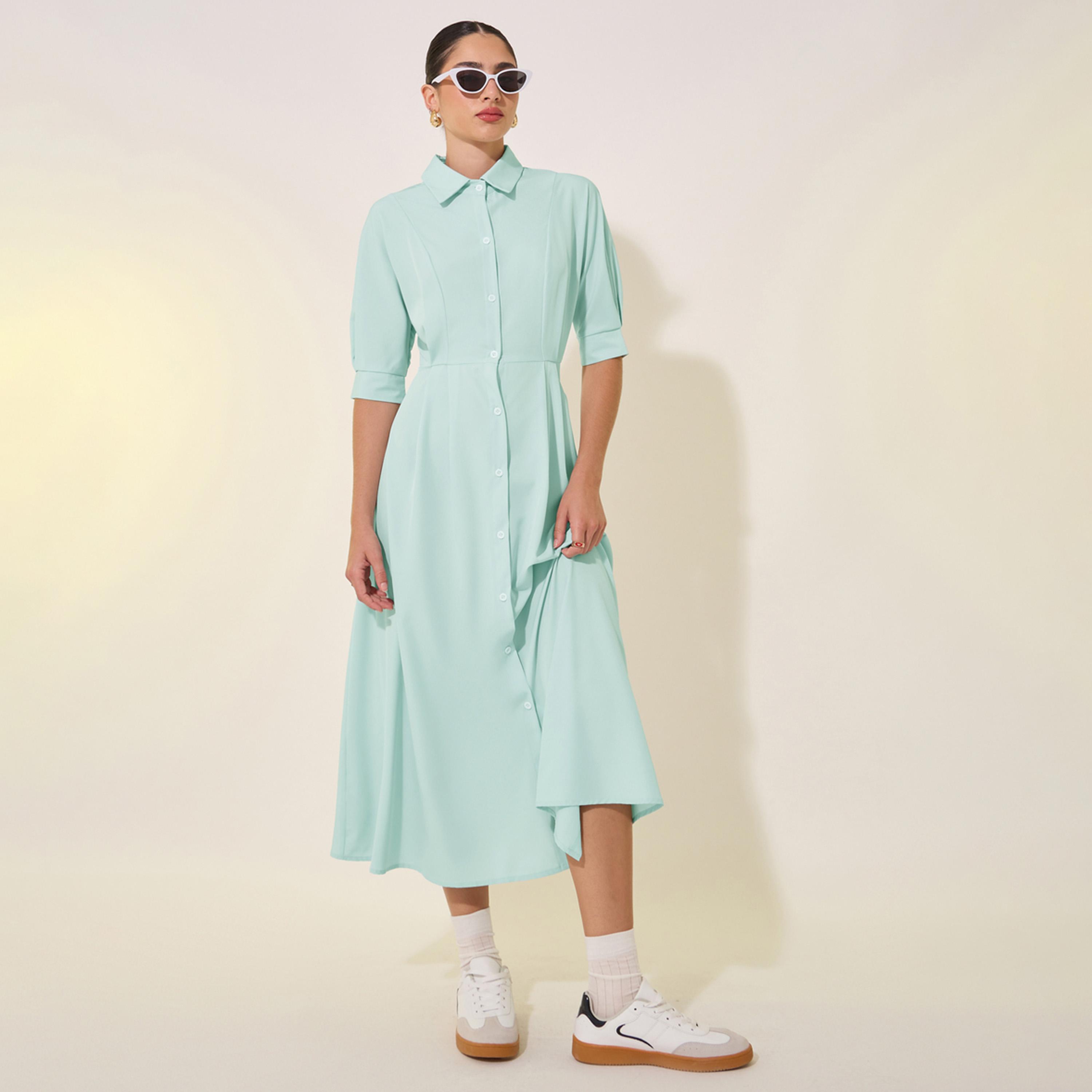 Take Two Solid Short Sleeve Spread Collar Midi Shirt Dress-women-clothing-dresses-image-2