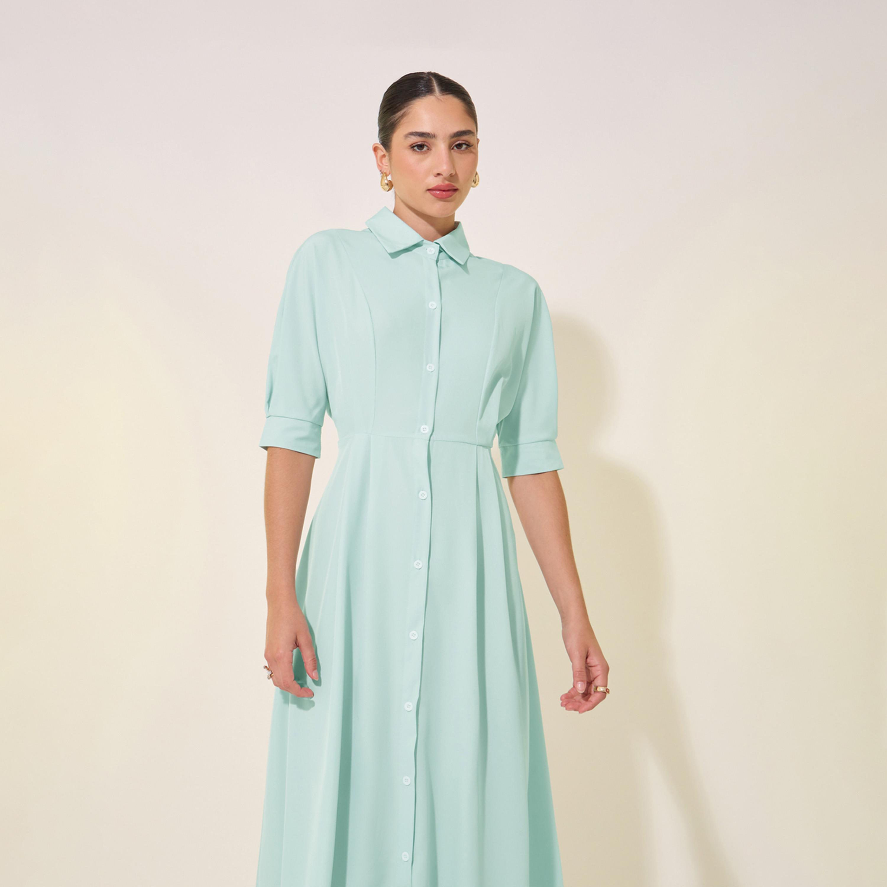 Take Two Solid Short Sleeve Spread Collar Midi Shirt Dress-women-clothing-dresses-image-3