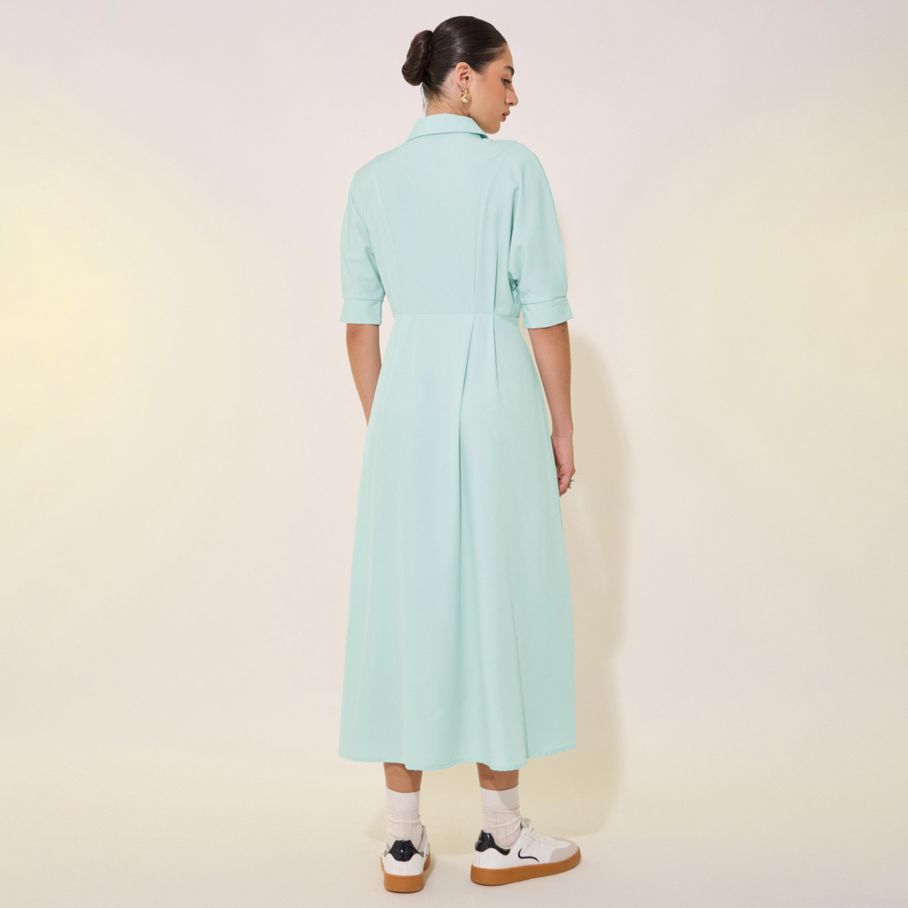 فستان ميدي سادة بياقة سبريد وأكمام قصيرة-women-clothing-dresses-image-5