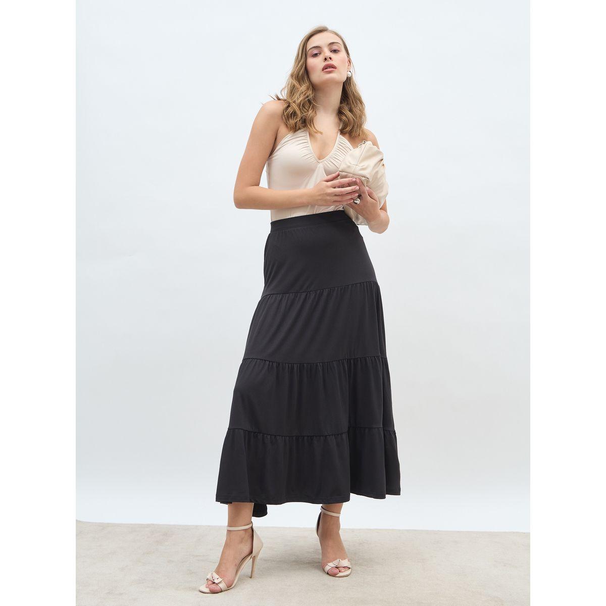 Styli Solid Knitted Tiered Maxi Skirt with Elasticated Waistband-women-clothing-bottoms-skirts-image-1