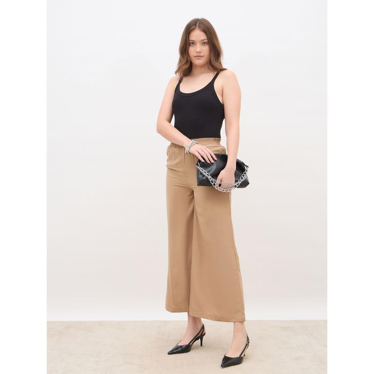 بنطال سادة بقصة أرجل واسعة مع خصر مطاطي-women-clothing-bottoms-trousers-image-1