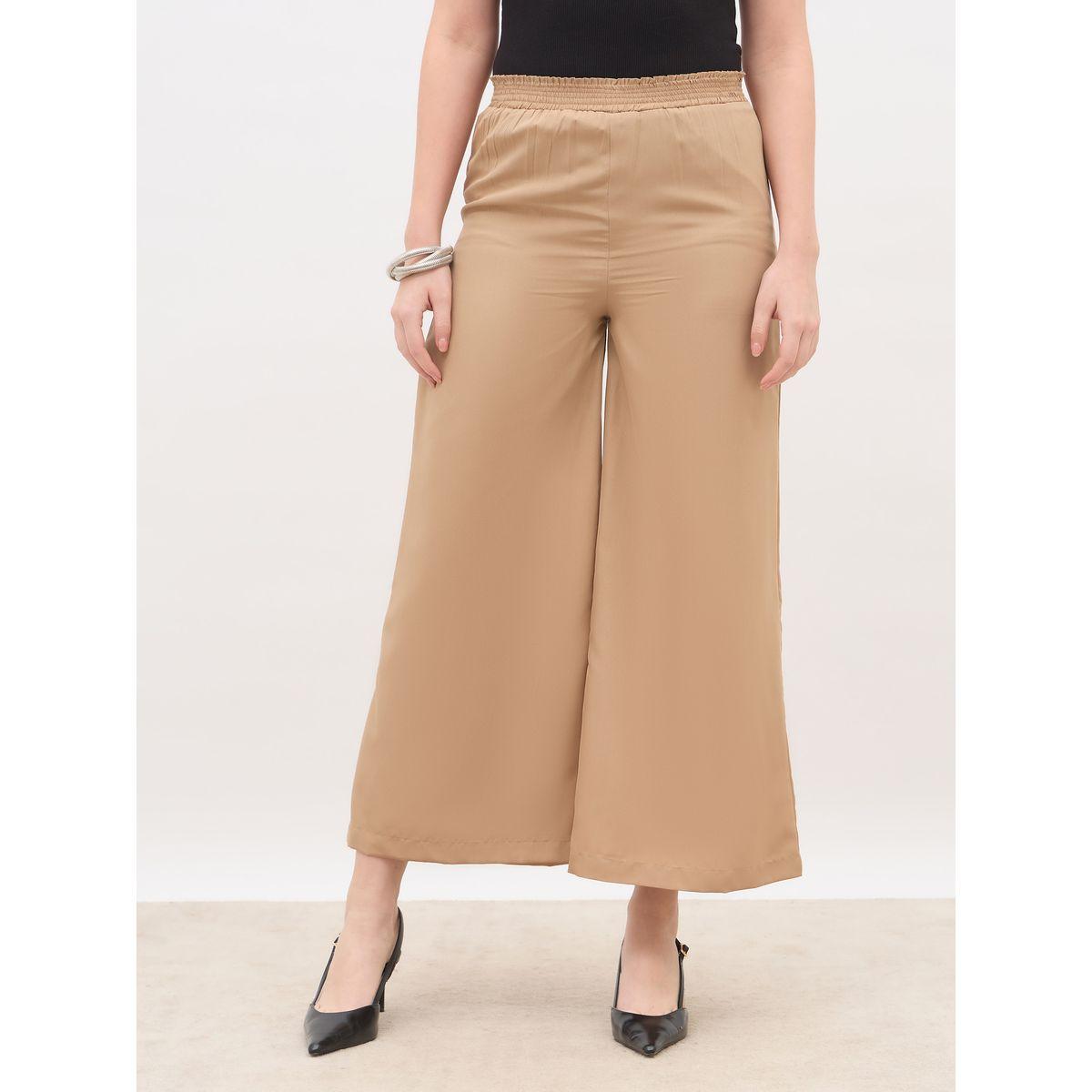 بنطال سادة بقصة أرجل واسعة مع خصر مطاطي-women-clothing-bottoms-trousers-image-2