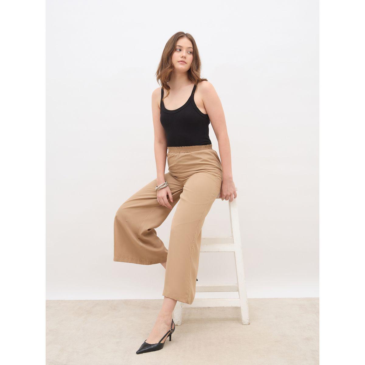 بنطال سادة بقصة أرجل واسعة مع خصر مطاطي-women-clothing-bottoms-trousers-image-6