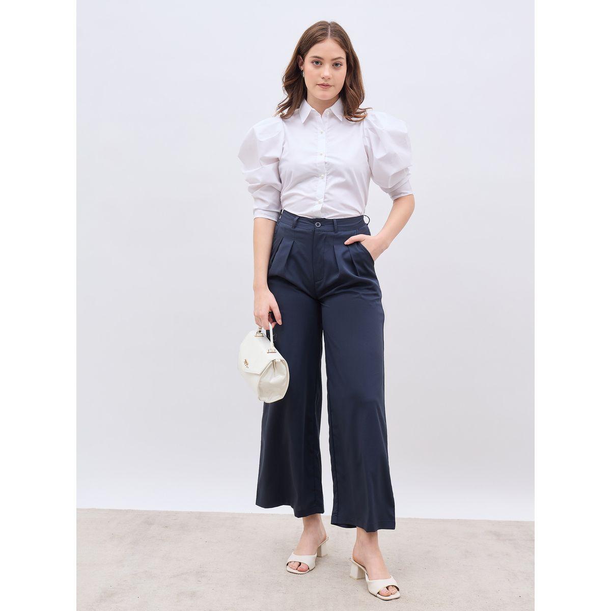 Styli Solid Pleated Tailored Flare Pants with Belt Loops-women-clothing-bottoms-trousers-image-1